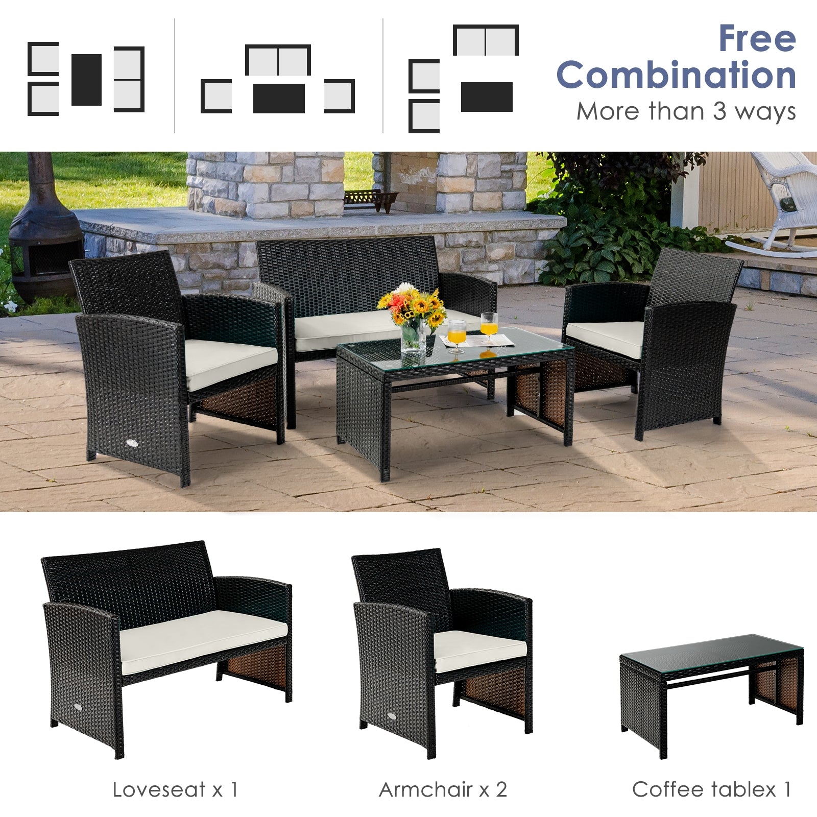 4 Pieces Patio Rattan Cushioned Furniture Set with Coffee Table-Black