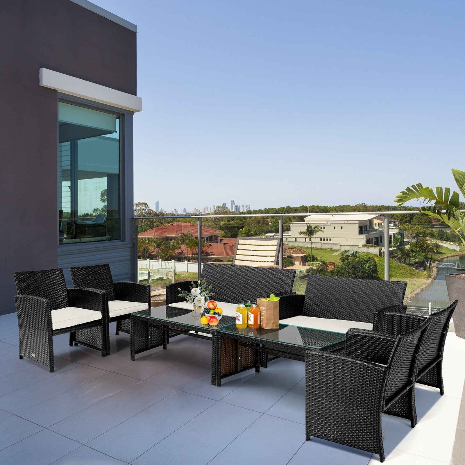 4 Pieces Patio Rattan Cushioned Furniture Set with Coffee Table-Black