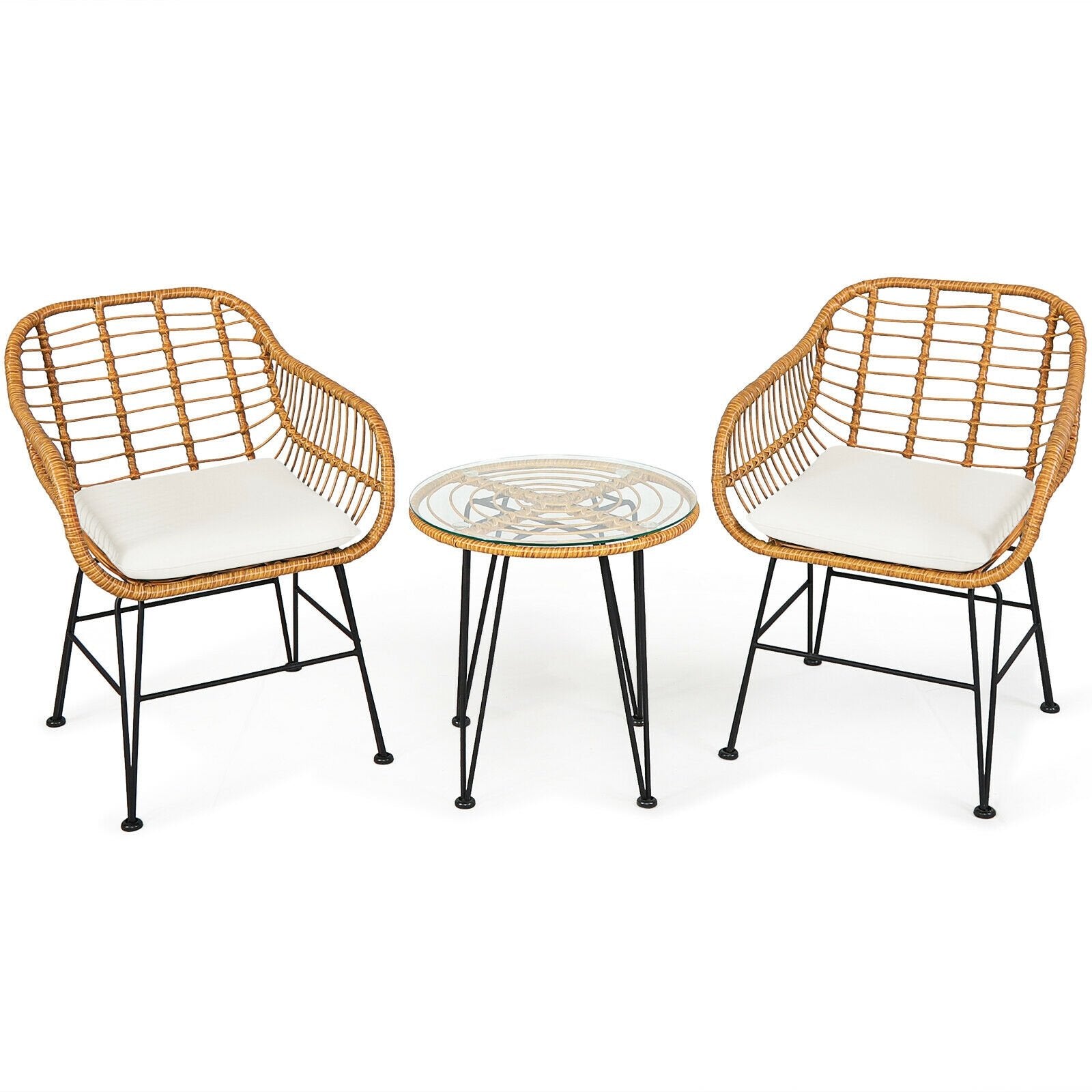 3 Pieces Rattan Furniture Set with Cushioned Chair Table-Black