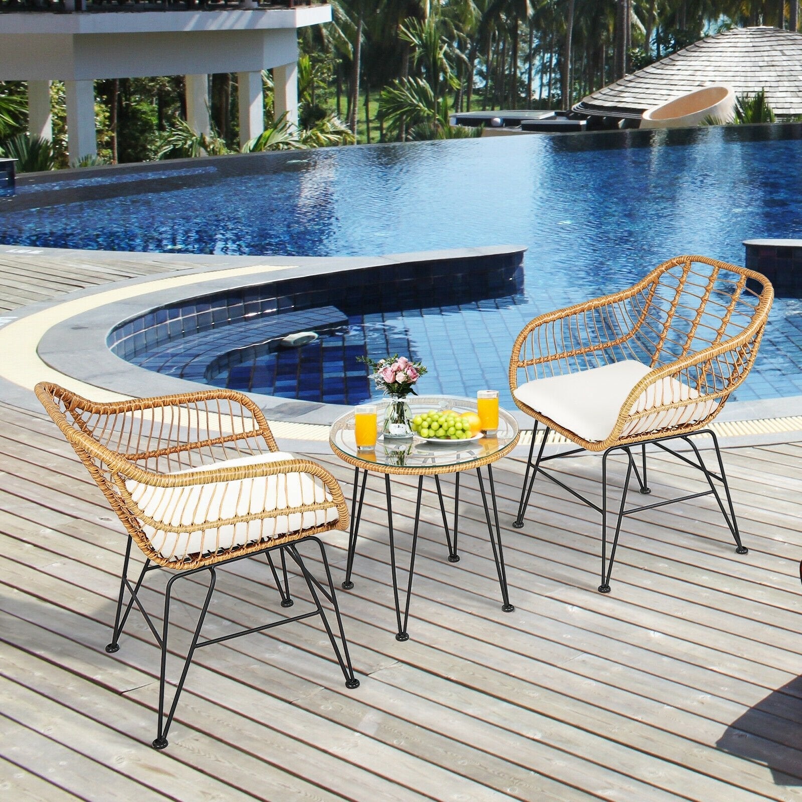 3 Pieces Rattan Furniture Set with Cushioned Chair Table-Black