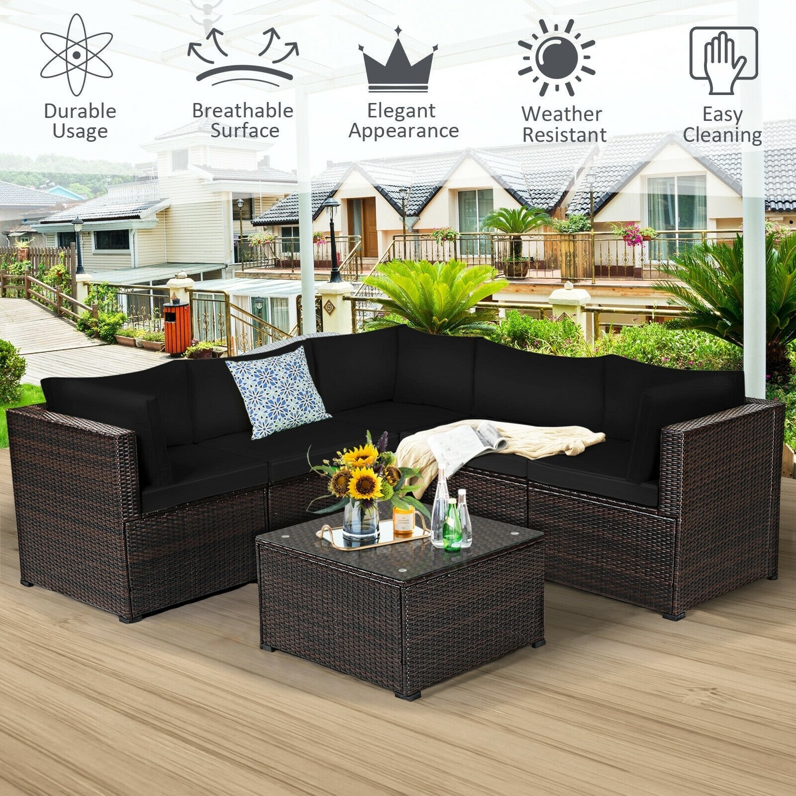 6 Pieces Patio Furniture Sofa Set with Cushions for Outdoor-Beige