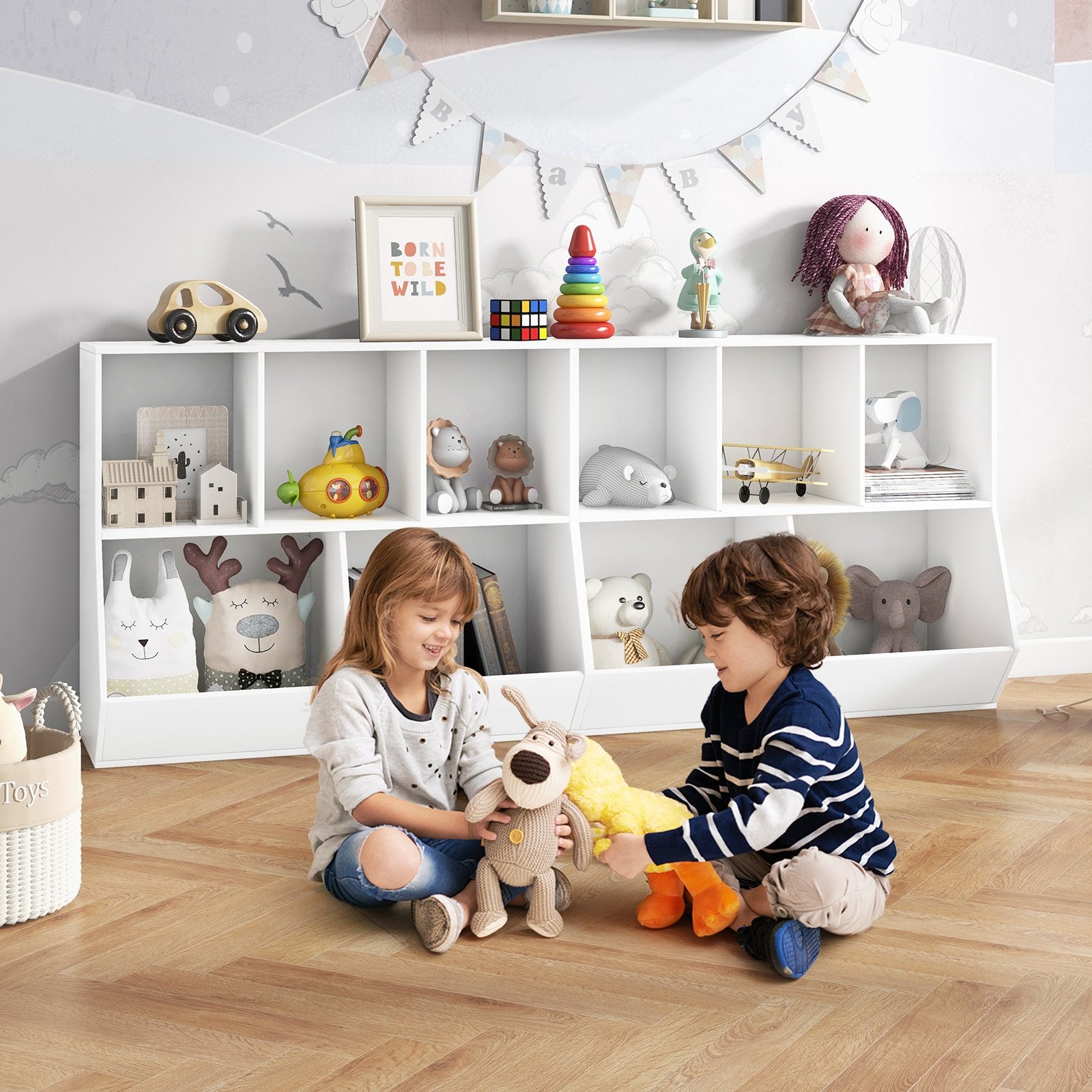 5-Cube Wooden Kids Toy Storage Organizer with Anti-Tipping Kits-Natural