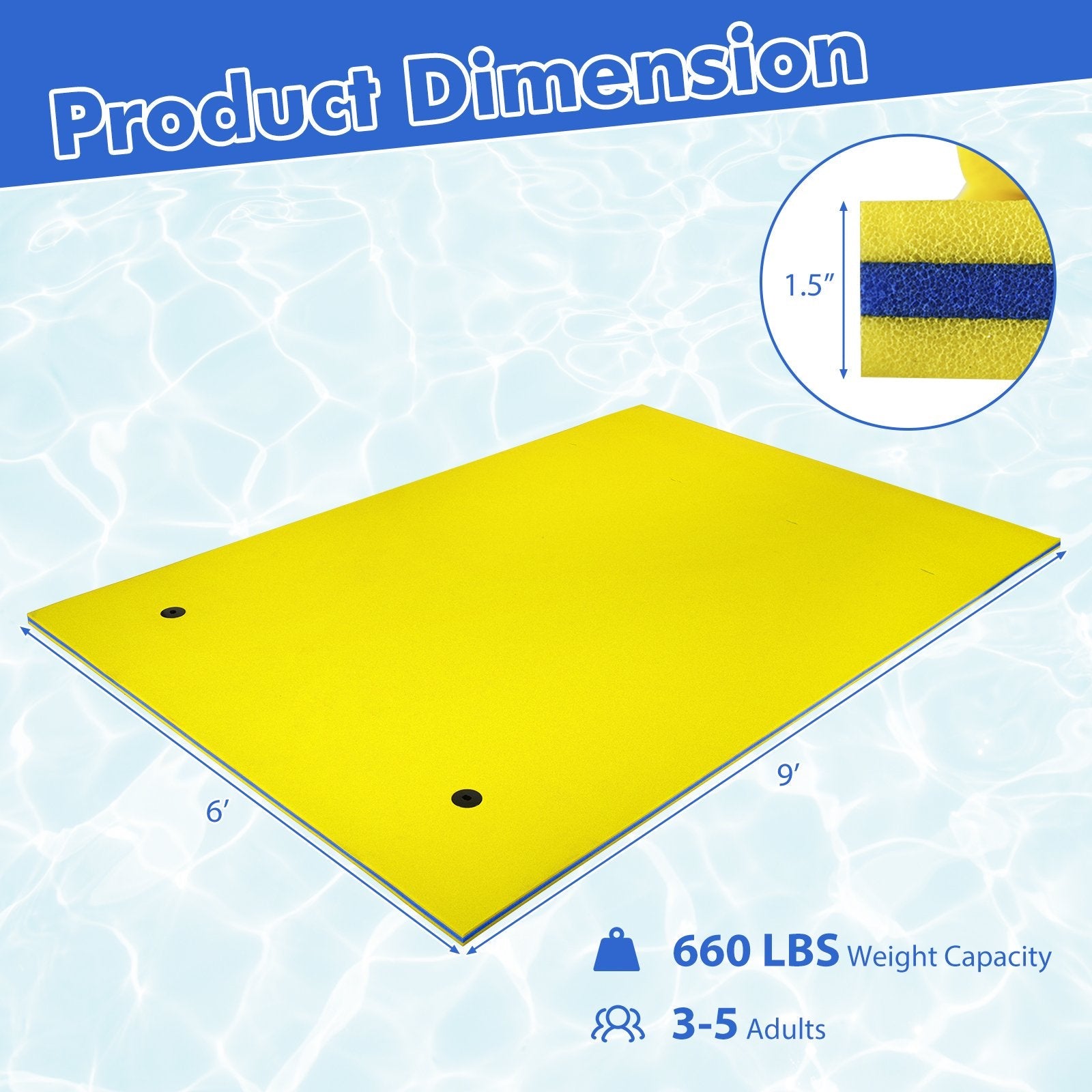 9' x 6' 3 Layer Floating Water Pad Foam Mat -Blue
