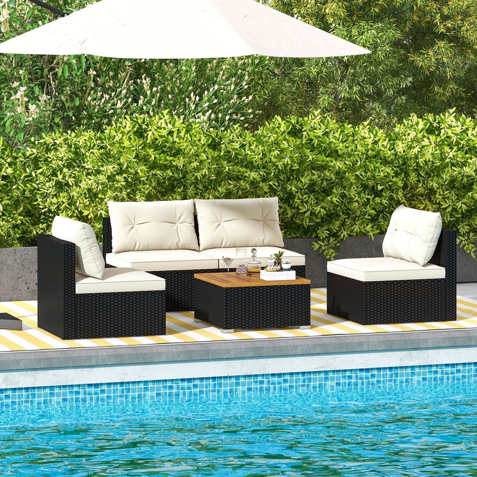 5 Piece Outdoor Furniture Set with Solid Tabletop and Soft Cushions-Black