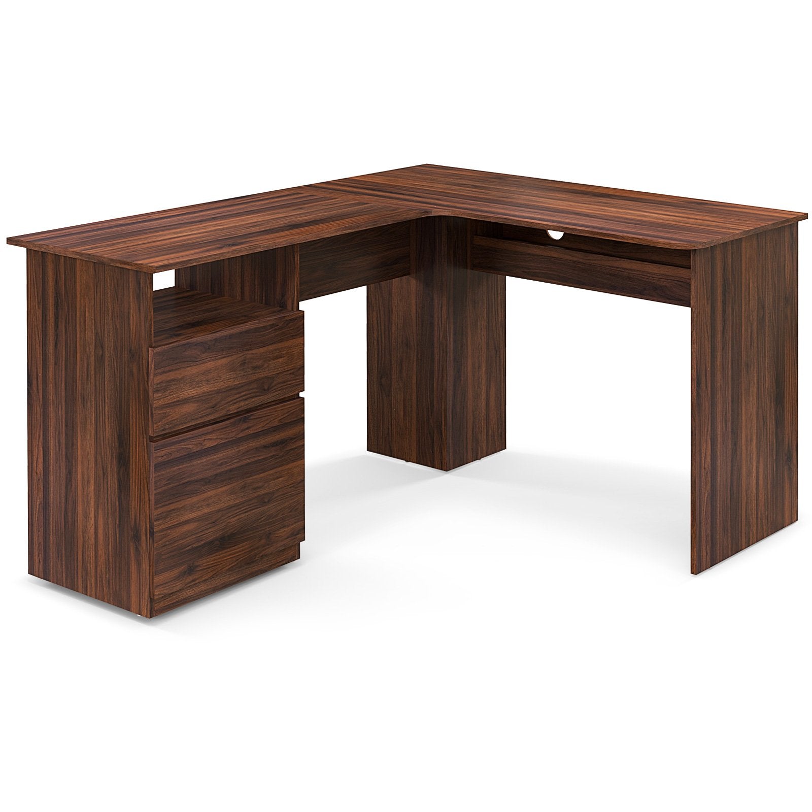 L-Shaped Computer Desk with Letter File Drawer-Walnut