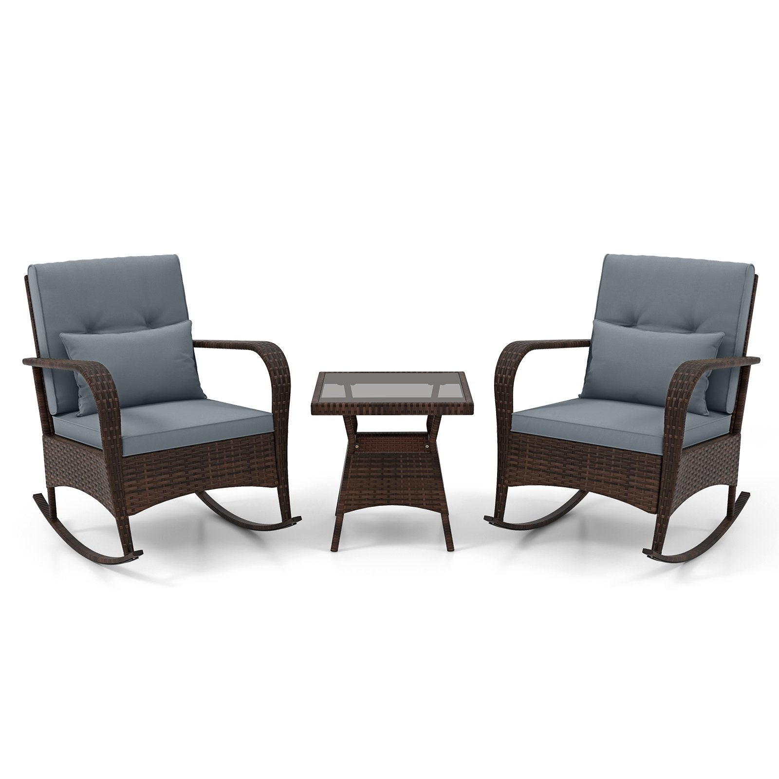 3 Pieces Outdoor Rocking Set with Tempered Glass Coffee Table for Backyard Poolside-Black