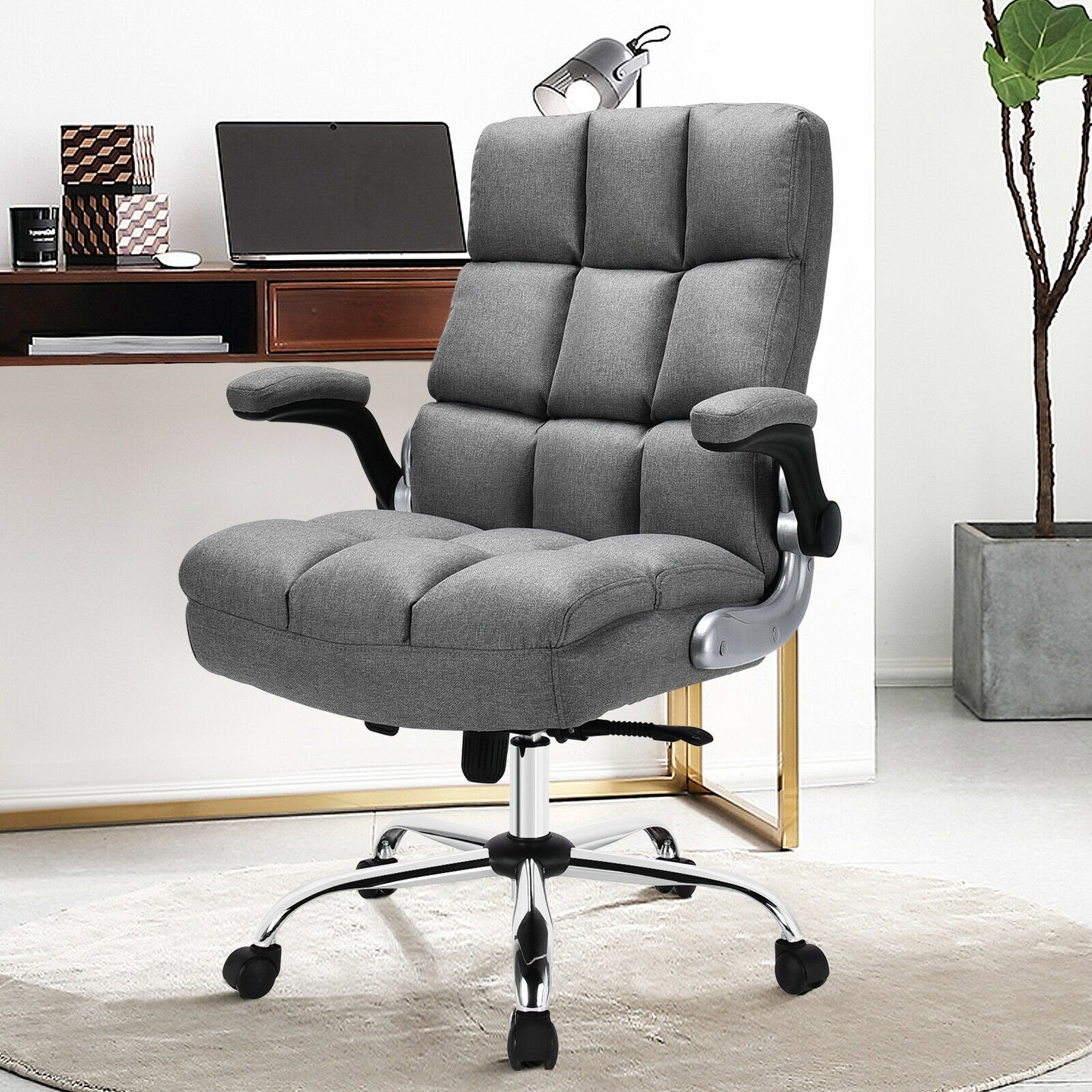 Adjustable Swivel Office Chair with High Back and Flip-up Arm for Home and Office-Beige
