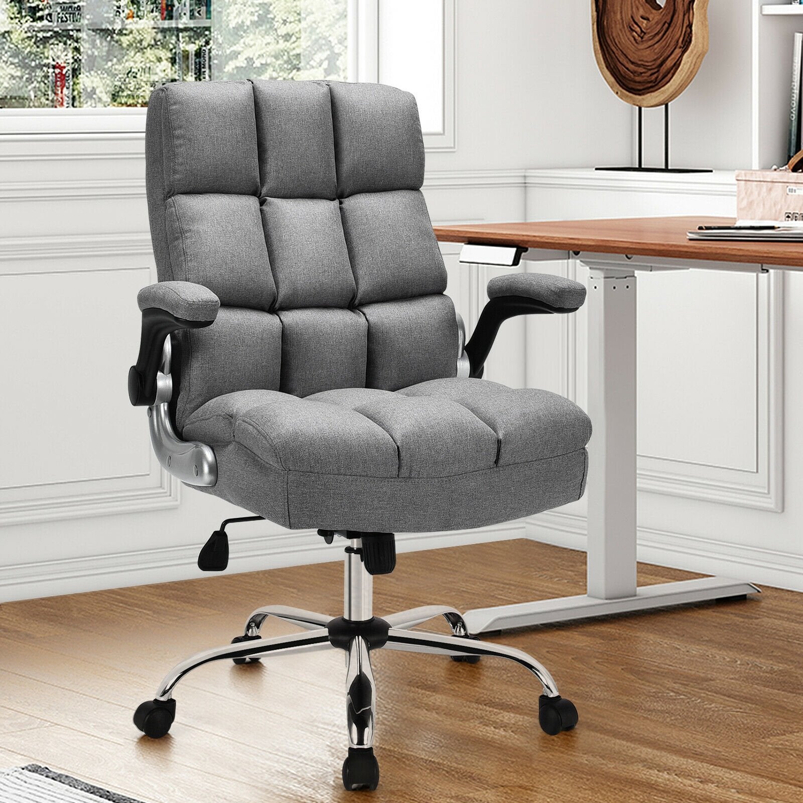 Adjustable Swivel Office Chair with High Back and Flip-up Arm for Home and Office-Beige