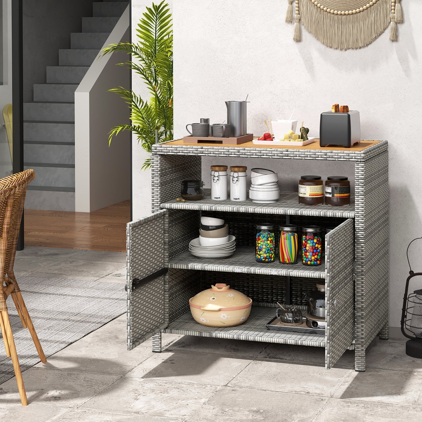 Rattan Storage Cabinet with Acacia Wood Countertop for Poolside Deck and Patio-Black