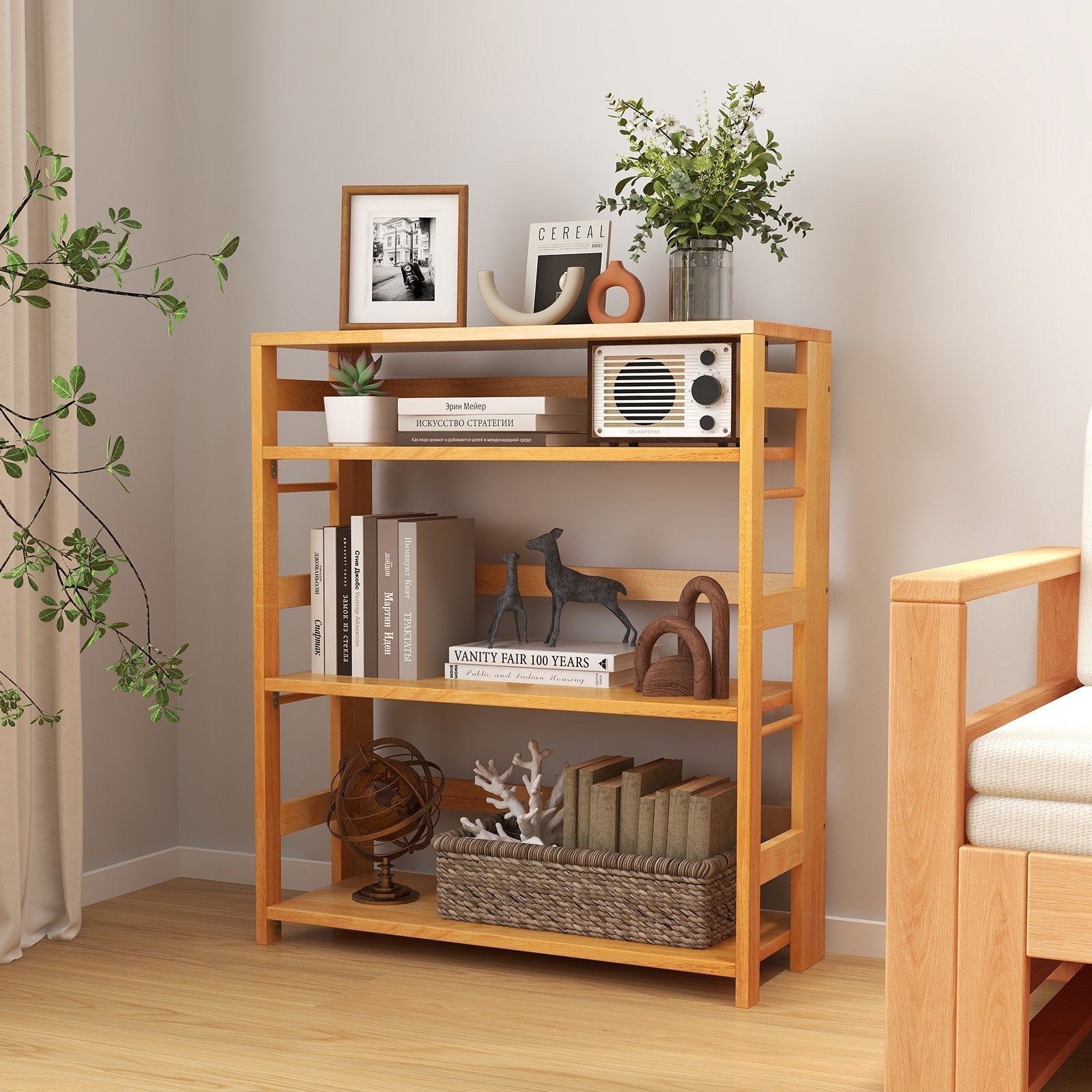 4-Tier Bookshelf Rubber Wood Bookcase with Side Fences for Living Room-14 inches