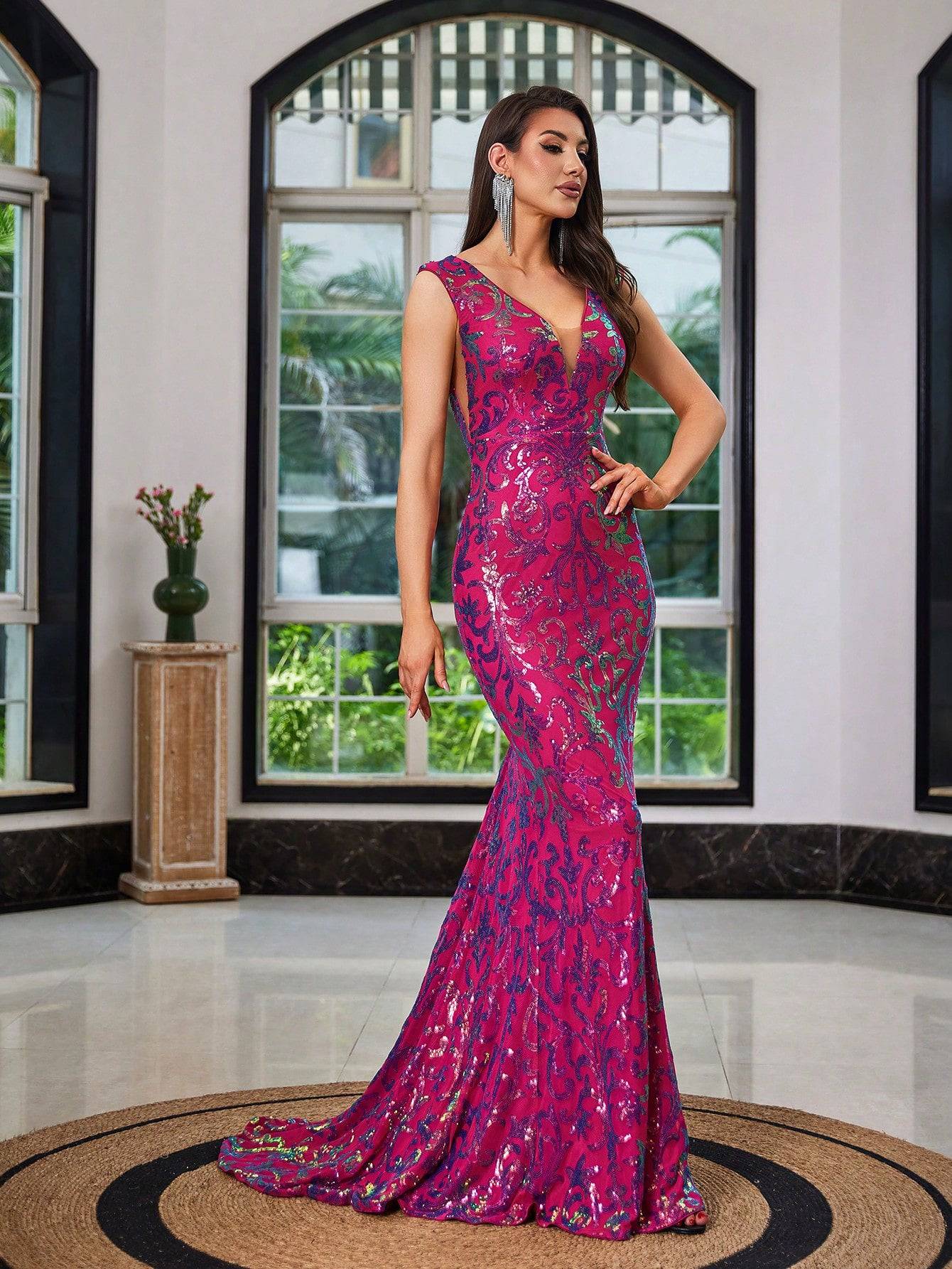 V-Neck Mesh Sequin Mermaid Maxi Dress - Fuchsia