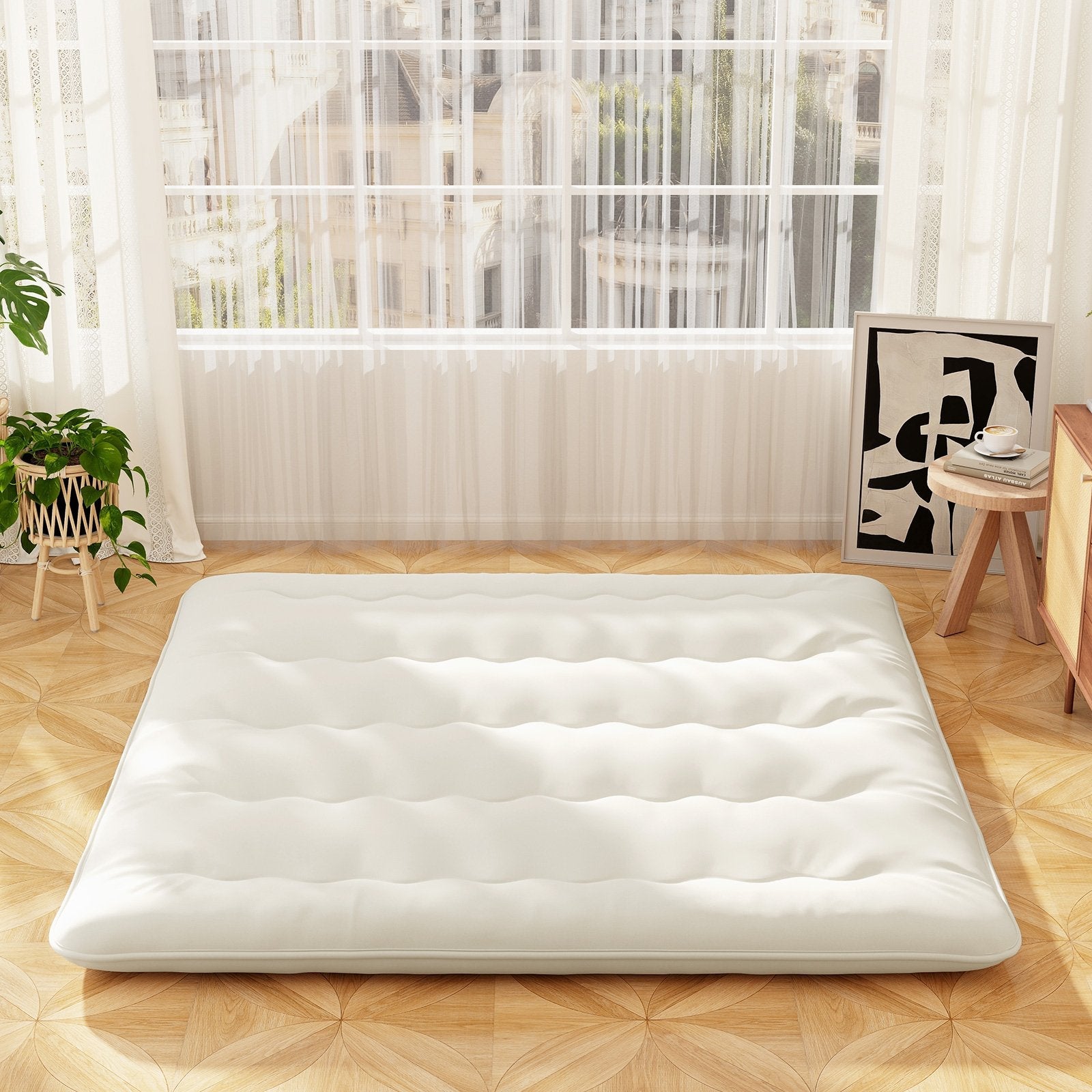 Queen/King/Twin/Full Futon Mattress Floor Sleeping Pad with Washable Cover Beige-Queen Size