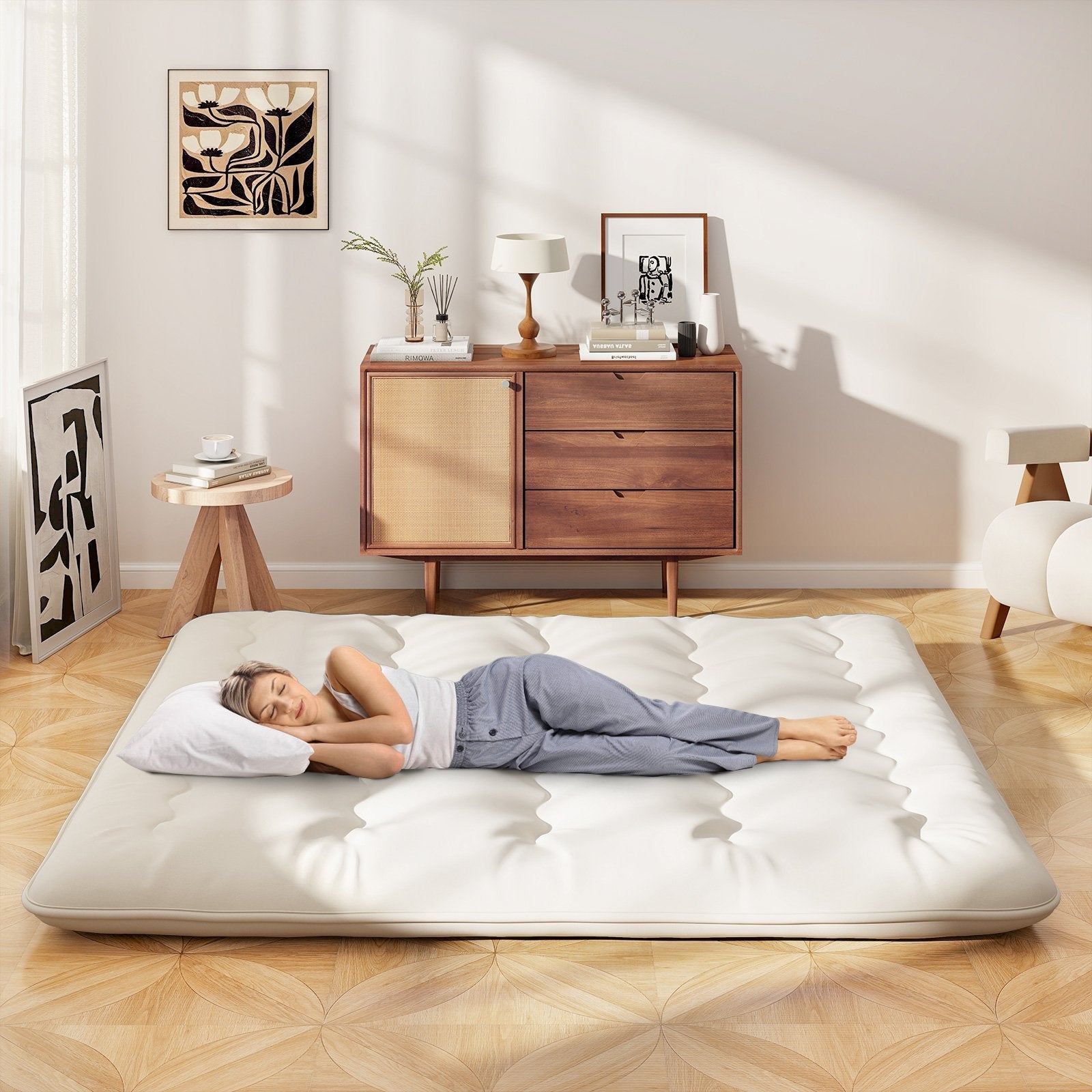 Queen/King/Twin/Full Futon Mattress Floor Sleeping Pad with Washable Cover Beige-Queen Size