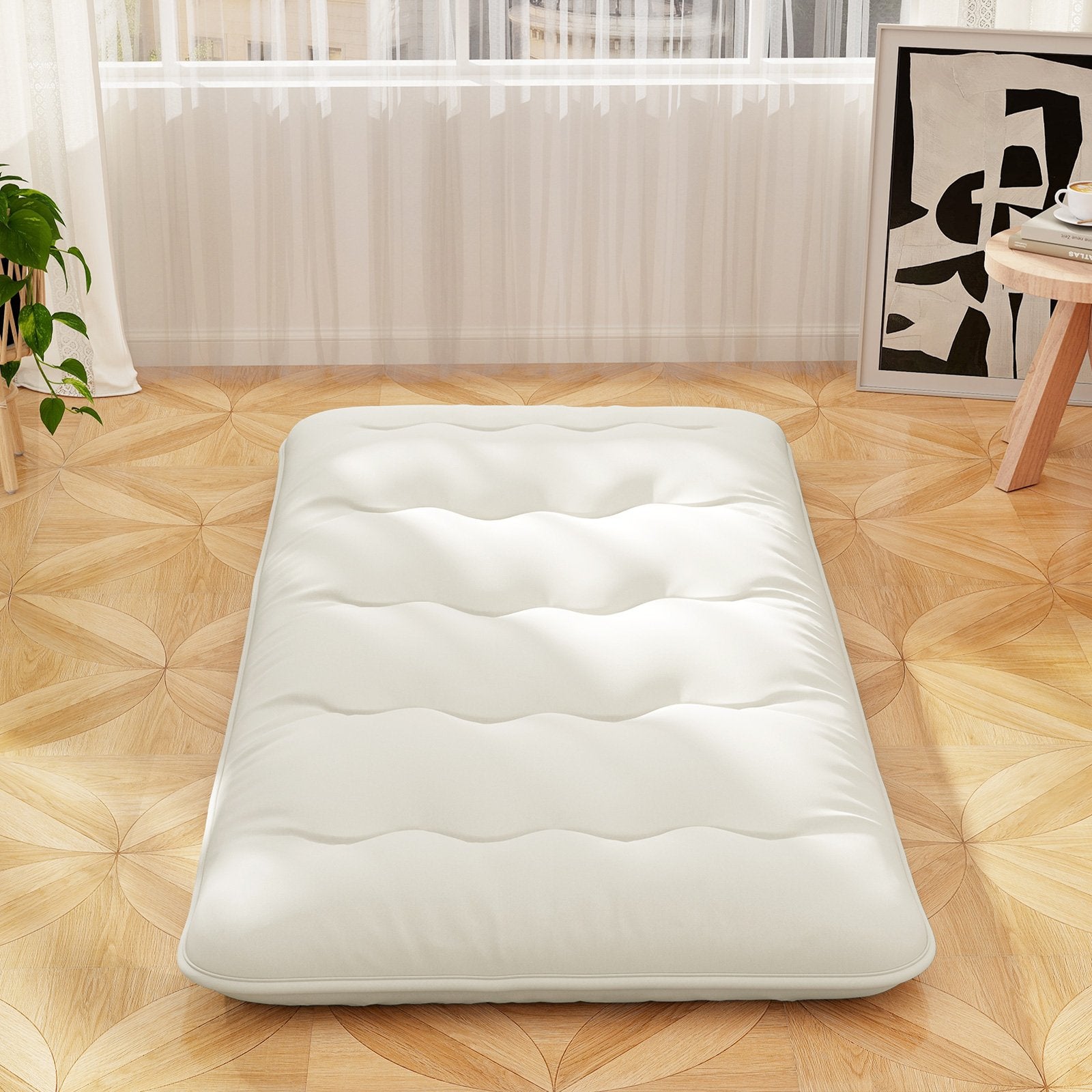 Queen/King/Twin/Full Futon Mattress Floor Sleeping Pad with Washable Cover Beige-Queen Size