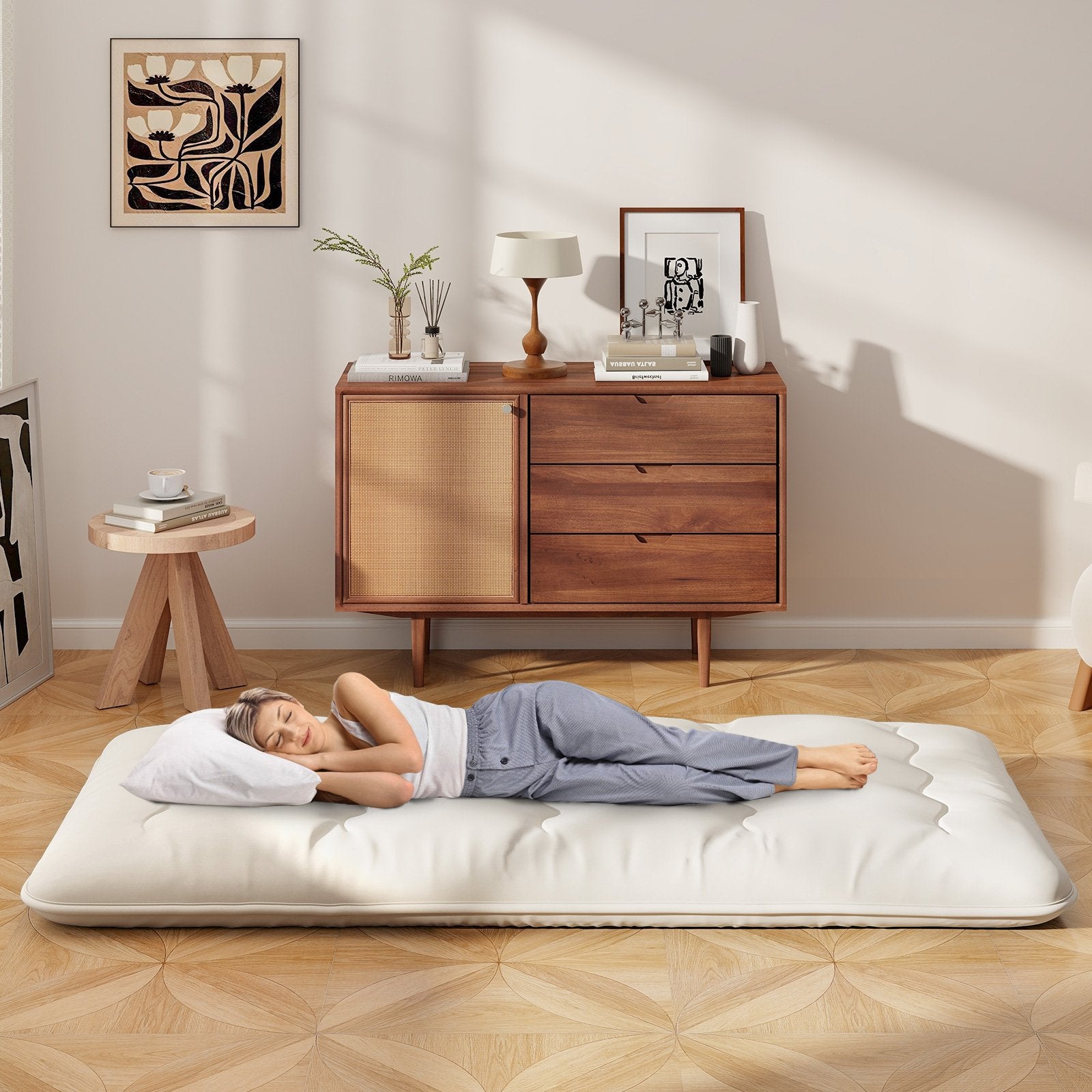 Queen/King/Twin/Full Futon Mattress Floor Sleeping Pad with Washable Cover Beige-Queen Size