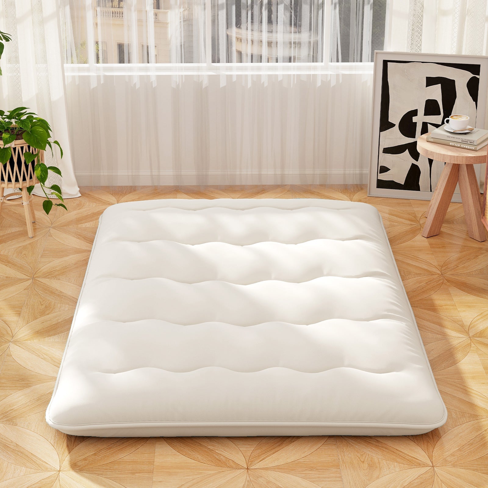 Queen/King/Twin/Full Futon Mattress Floor Sleeping Pad with Washable Cover Beige-Queen Size
