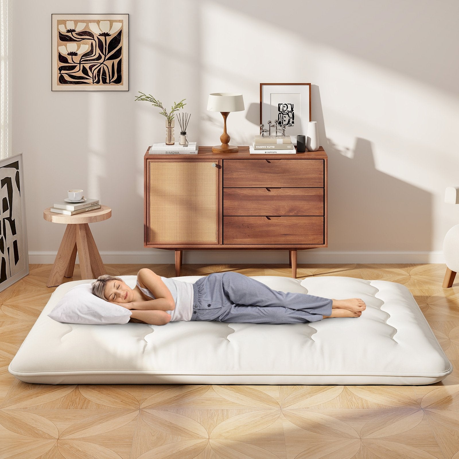 Queen/King/Twin/Full Futon Mattress Floor Sleeping Pad with Washable Cover Beige-Queen Size