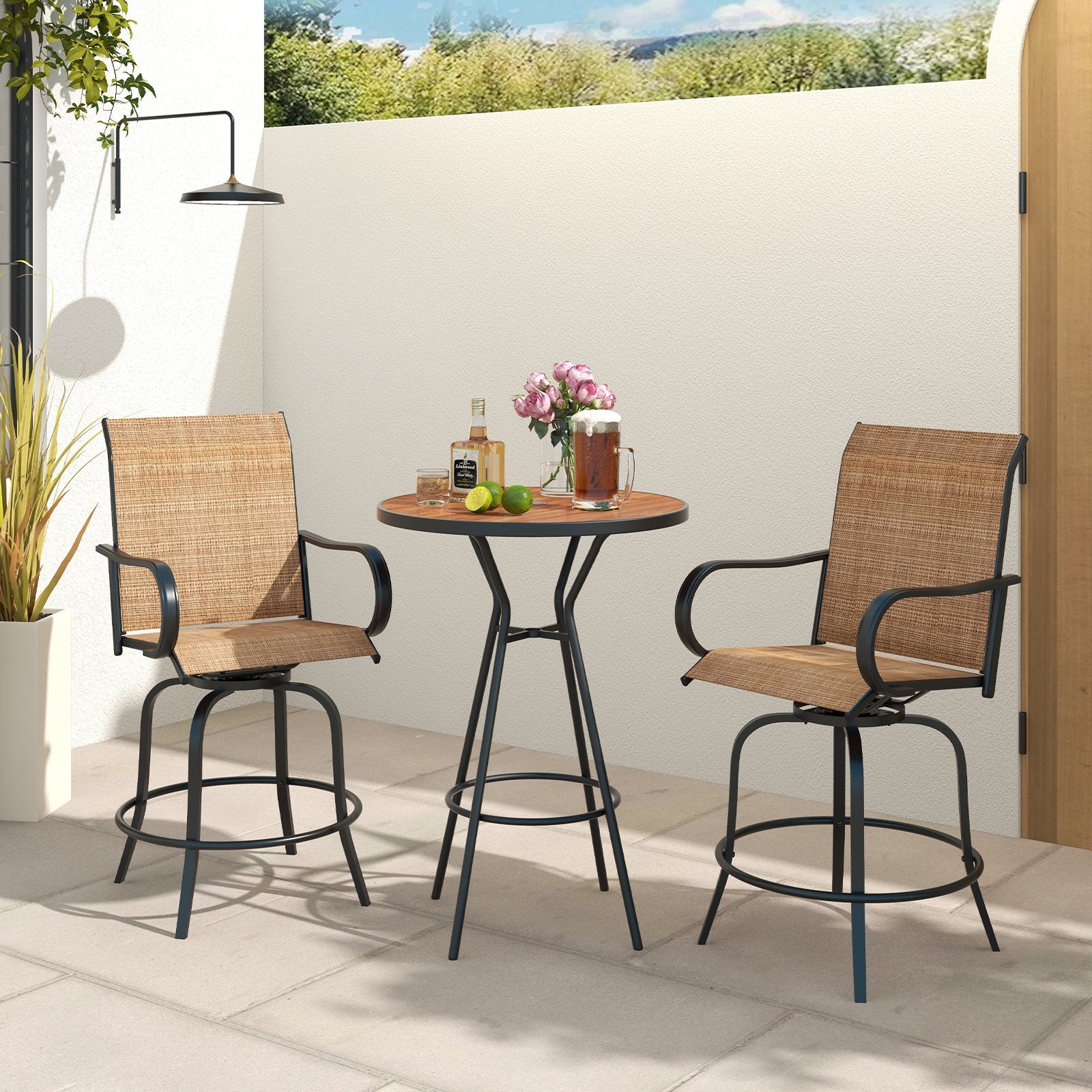 2 Pieces 360 Rotating Bar Stool Set with Armrests for Patio-Black