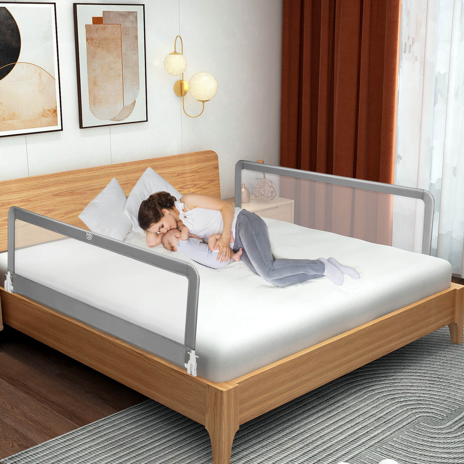 59 Inch Extra Long Folding Breathable Baby Children Toddlers Bed Rail Guard with Safety Strap-Beige