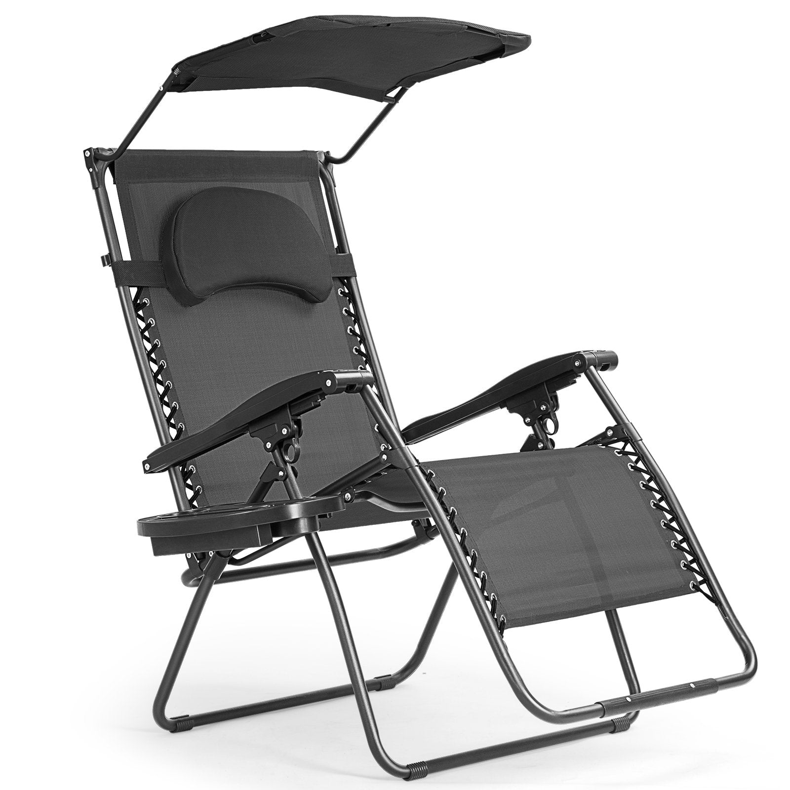 Folding Recliner Lounge Chair w/ Shade Canopy Cup Holder-Black