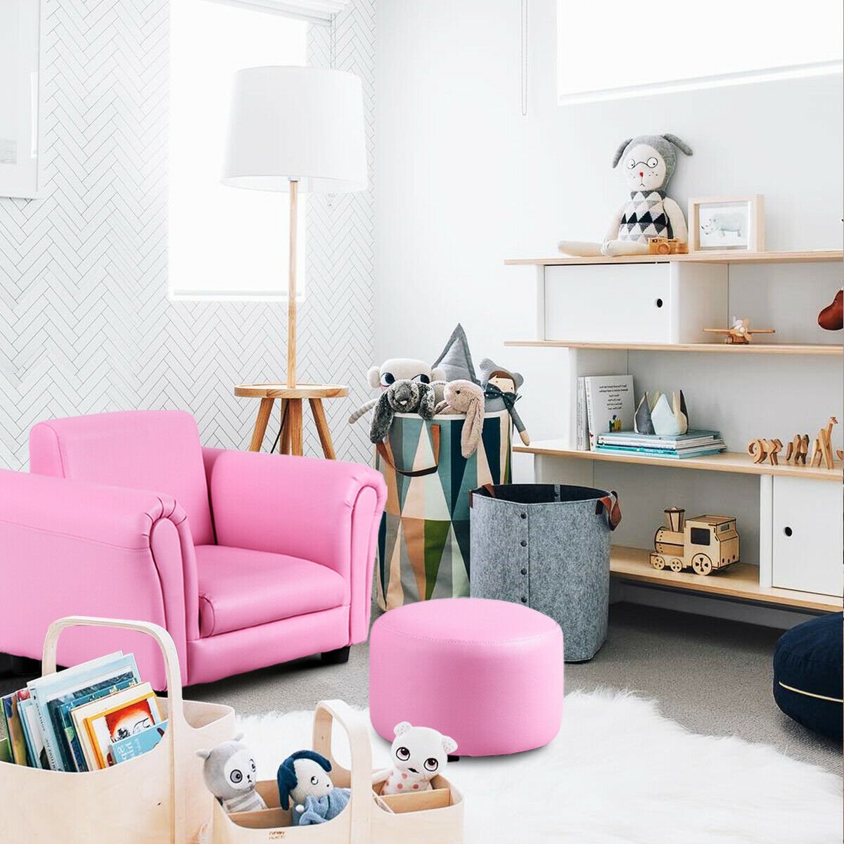 Black Kids Single Armrest Couch Sofa with Ottoman