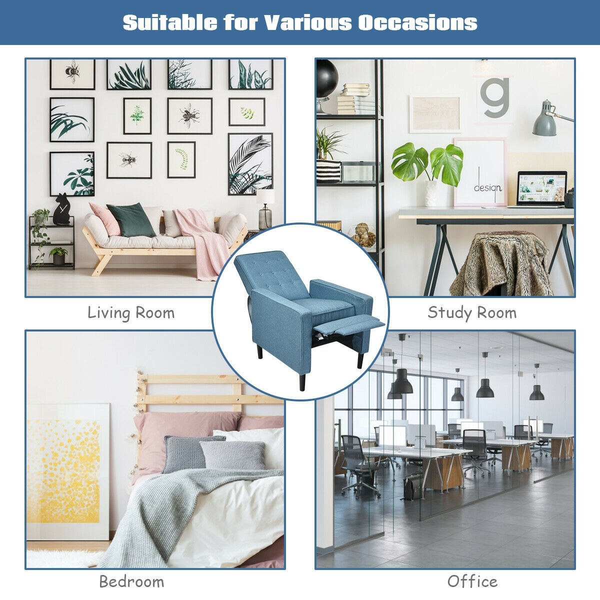 Mid-Century Push Back Recliner Chair-Blue