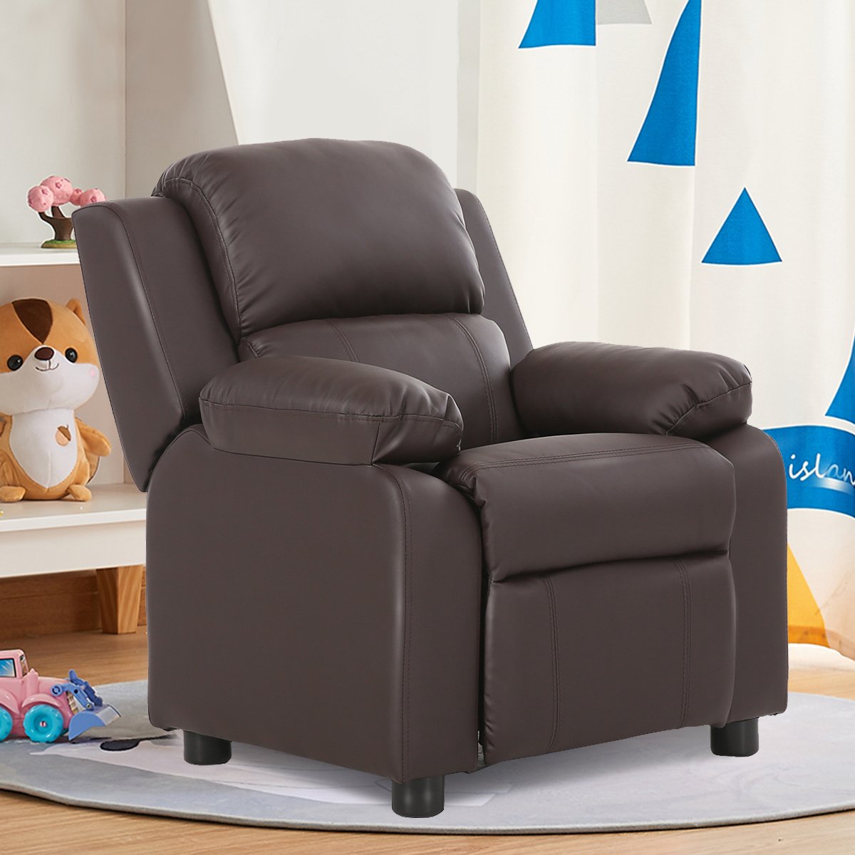 Kids Deluxe Headrest  Recliner Sofa Chair with Storage Arms-Black