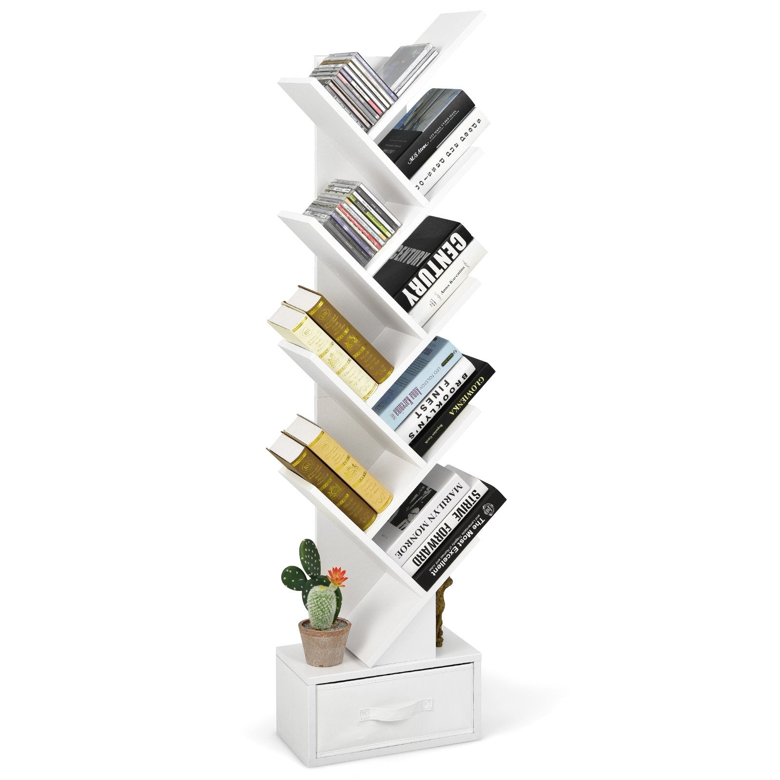 10-tier Tree Bookshelf with Drawer Free-standing Storage Bookcase-Coffee