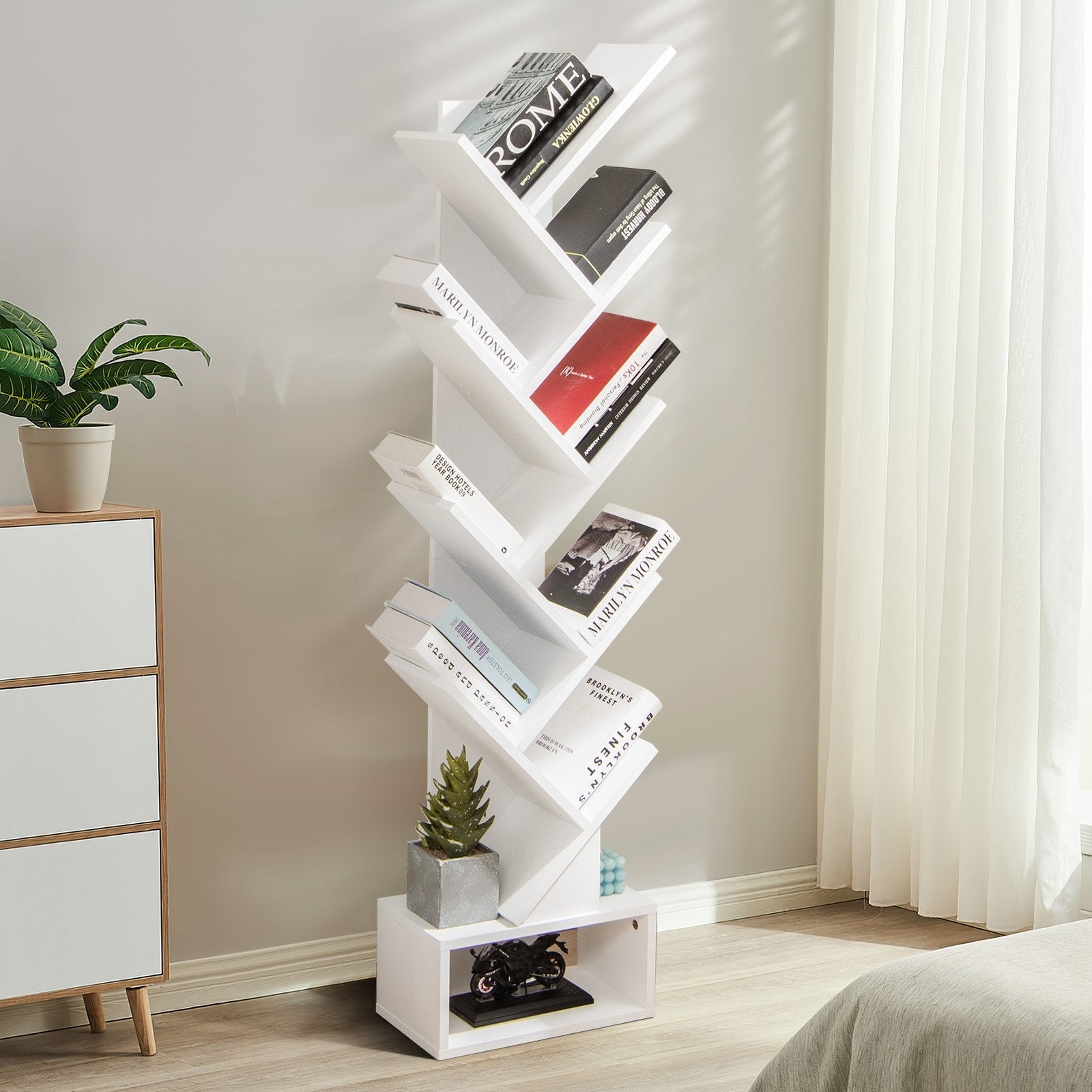 10-tier Tree Bookshelf with Drawer Free-standing Storage Bookcase-Coffee