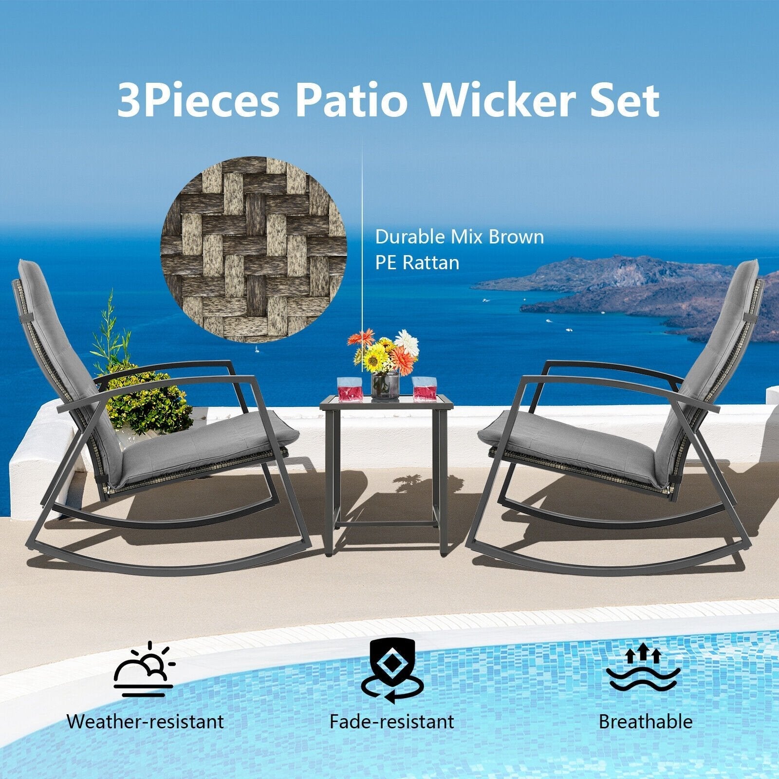 3 Pieces Patio Rattan Rocking Furniture Set-Brown