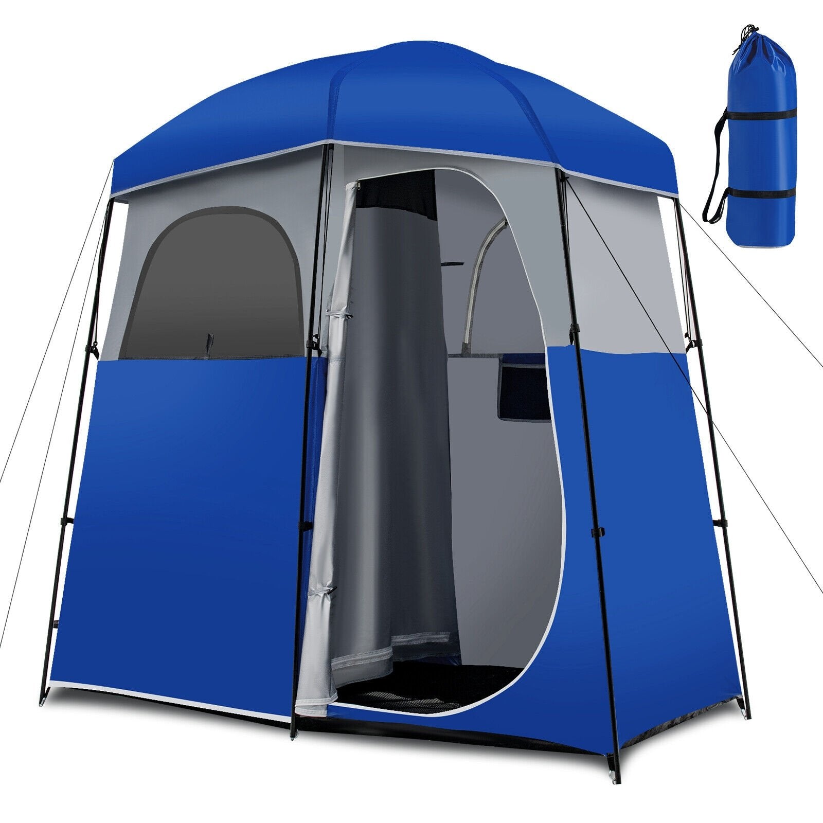 Double-Room Camping Toilet Tent with Floor and Portable Storage Bag-Blue