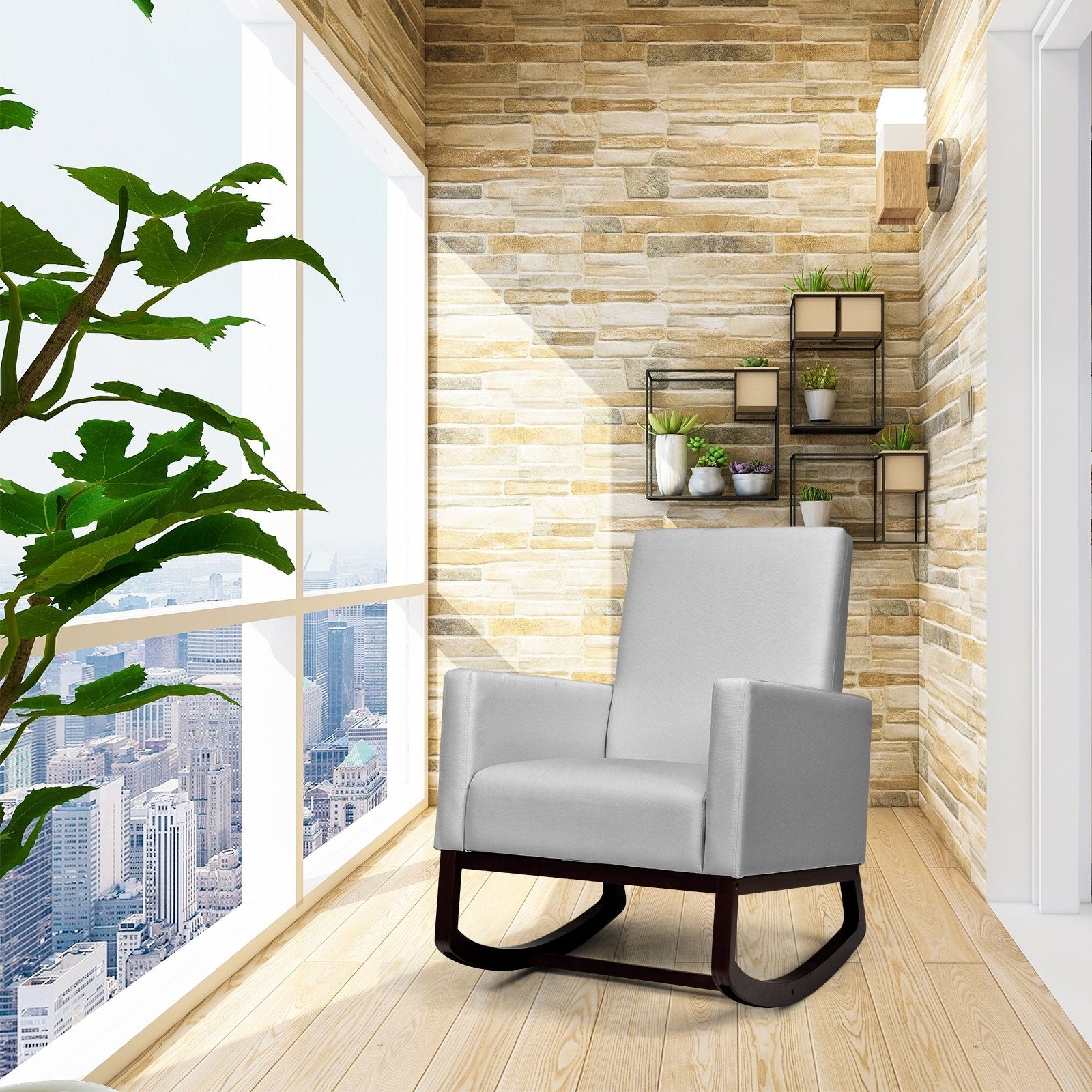 2-in-1 Fabric Upholstered Rocking Chair with Pillow-Beige