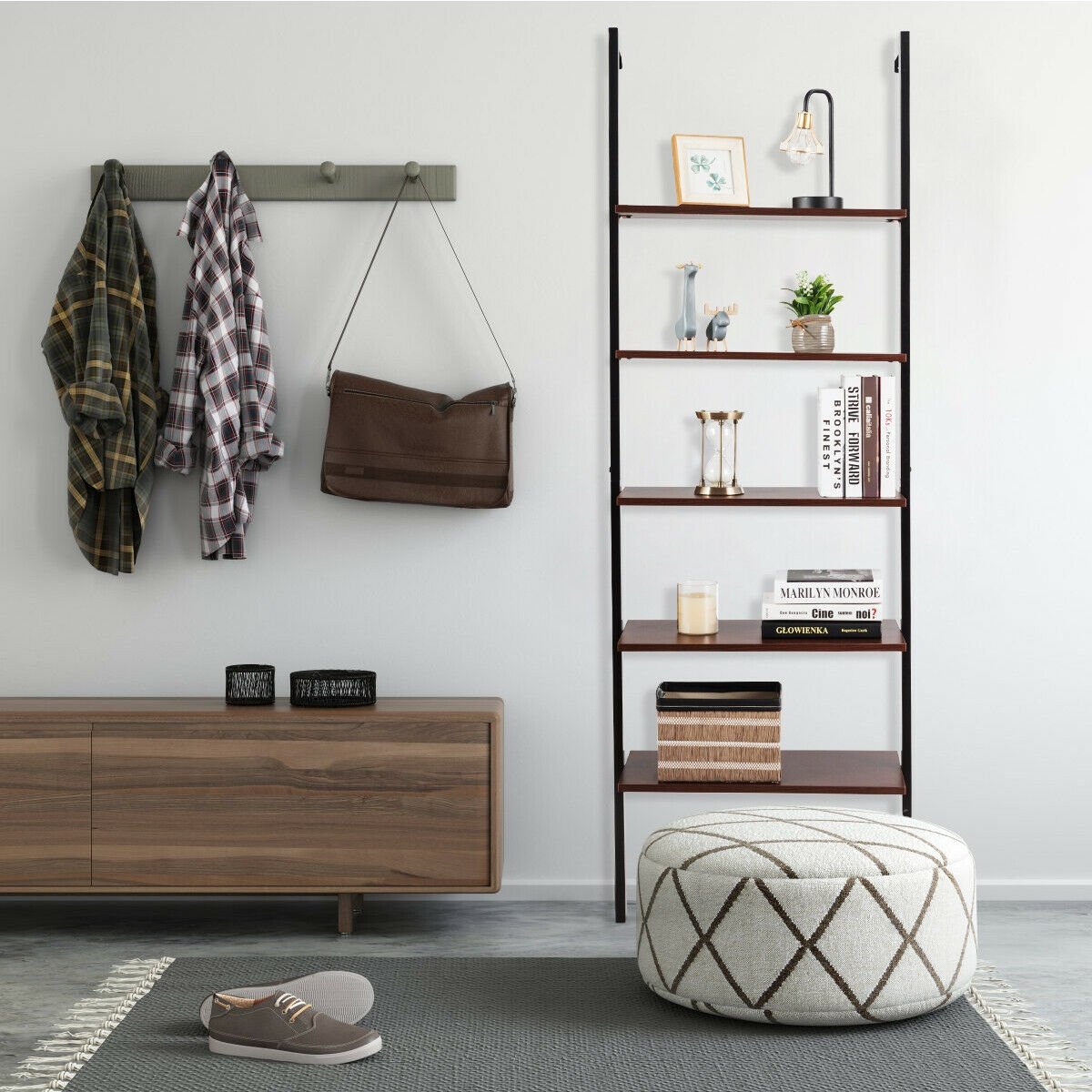 5-Tier Wood Look Ladder Shelf with Metal Frame for Home-Bronze