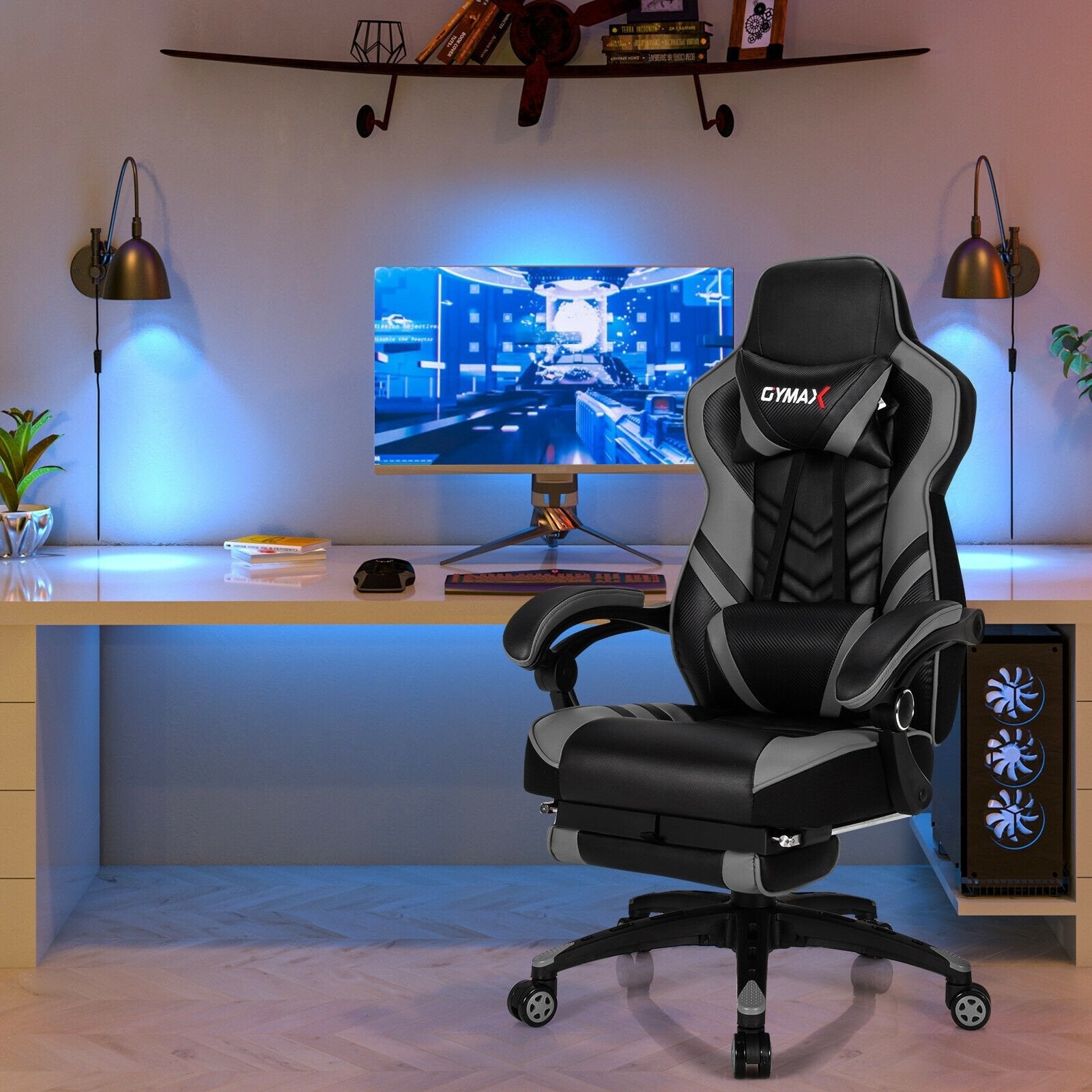 Adjustable Gaming Chair with Footrest for Home Office-Black