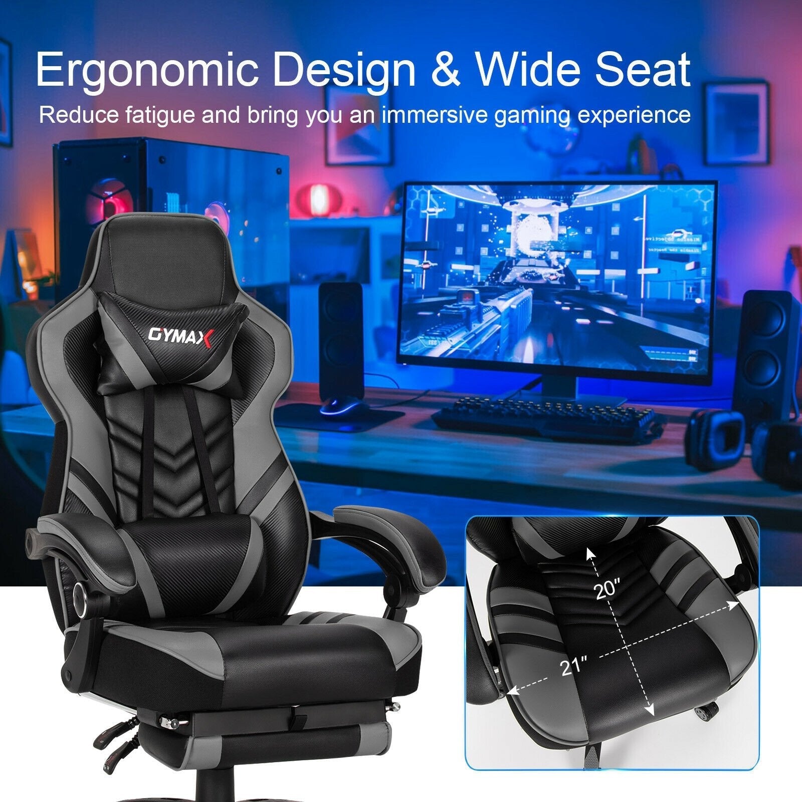 Adjustable Gaming Chair with Footrest for Home Office-Black