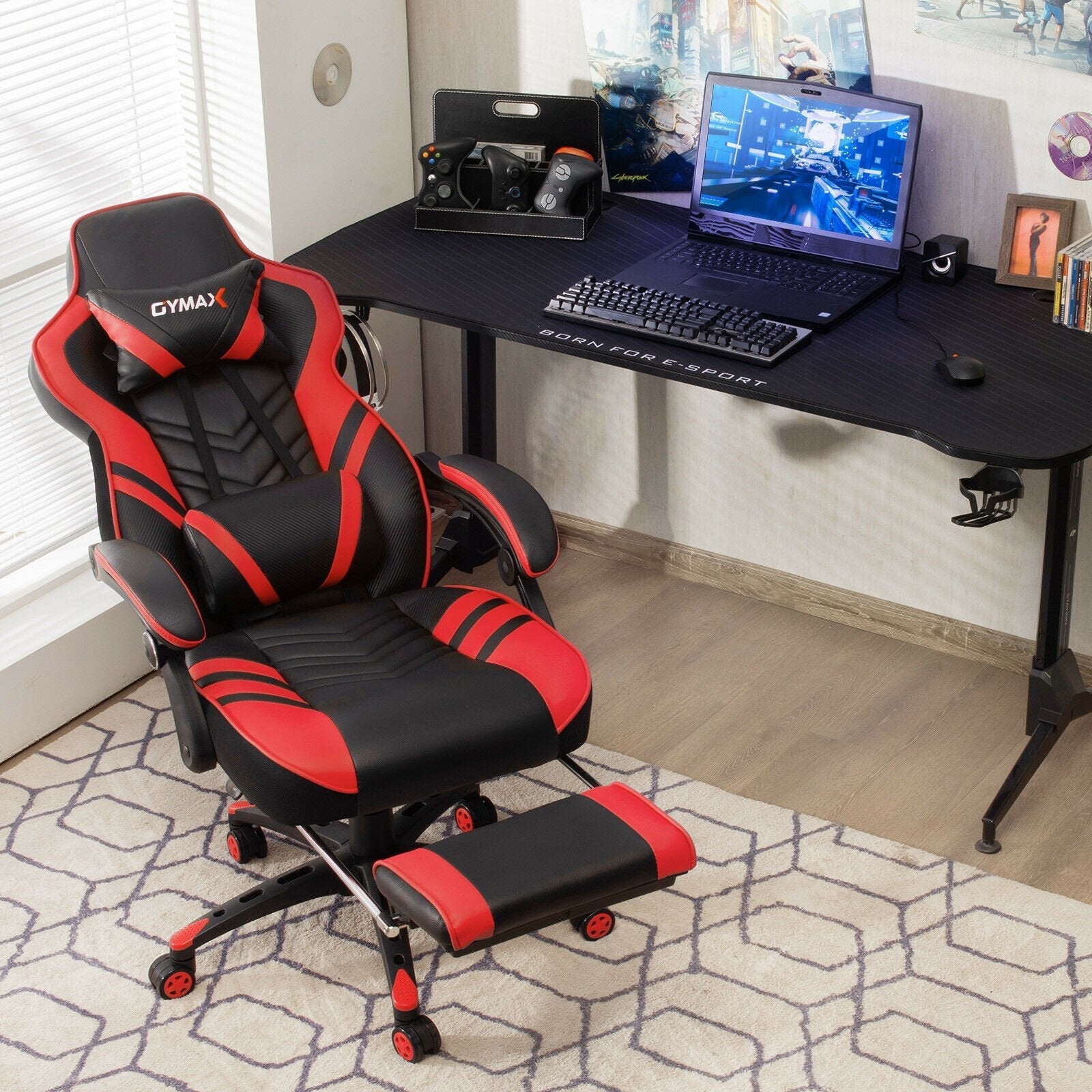 Adjustable Gaming Chair with Footrest for Home Office-Black