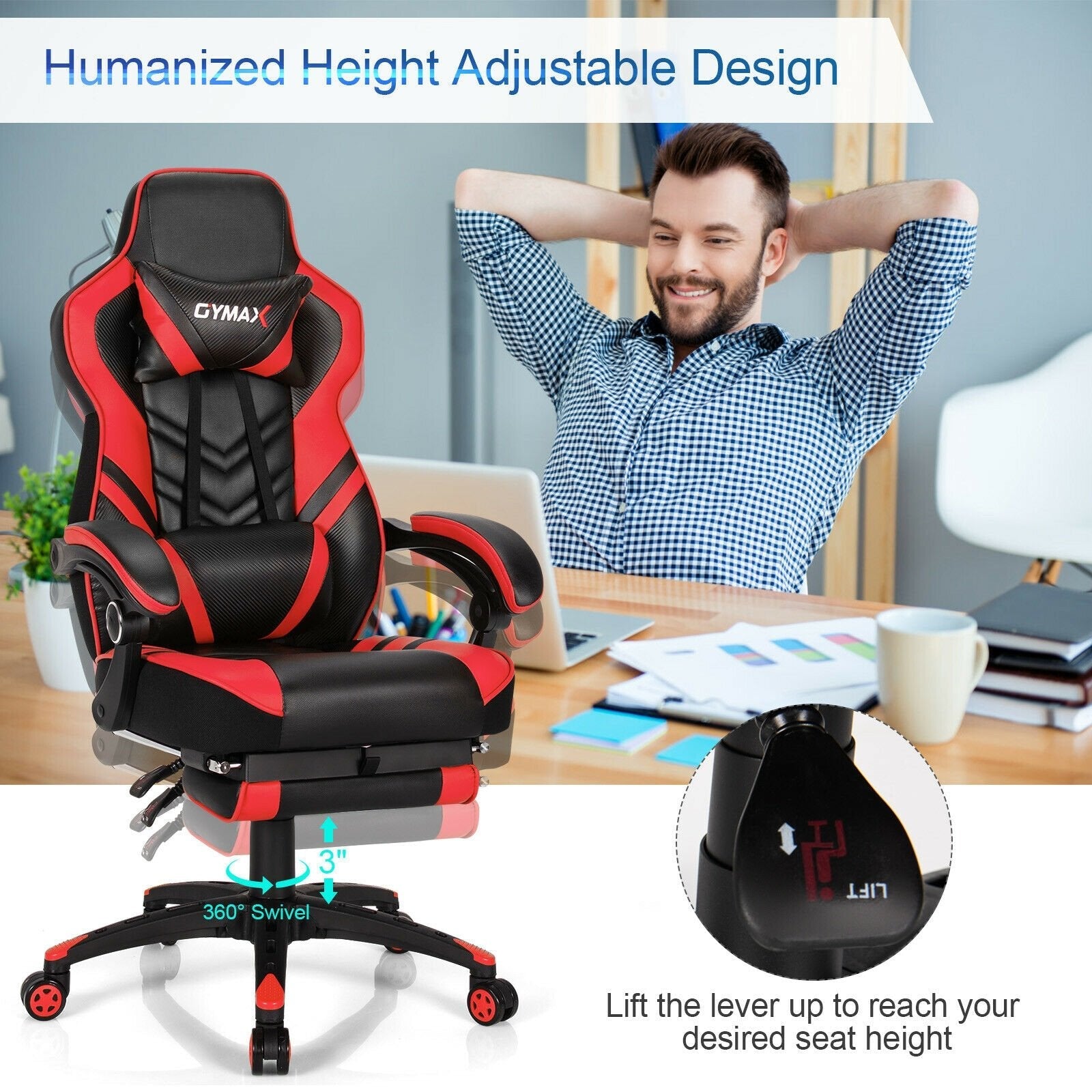Adjustable Gaming Chair with Footrest for Home Office-Black