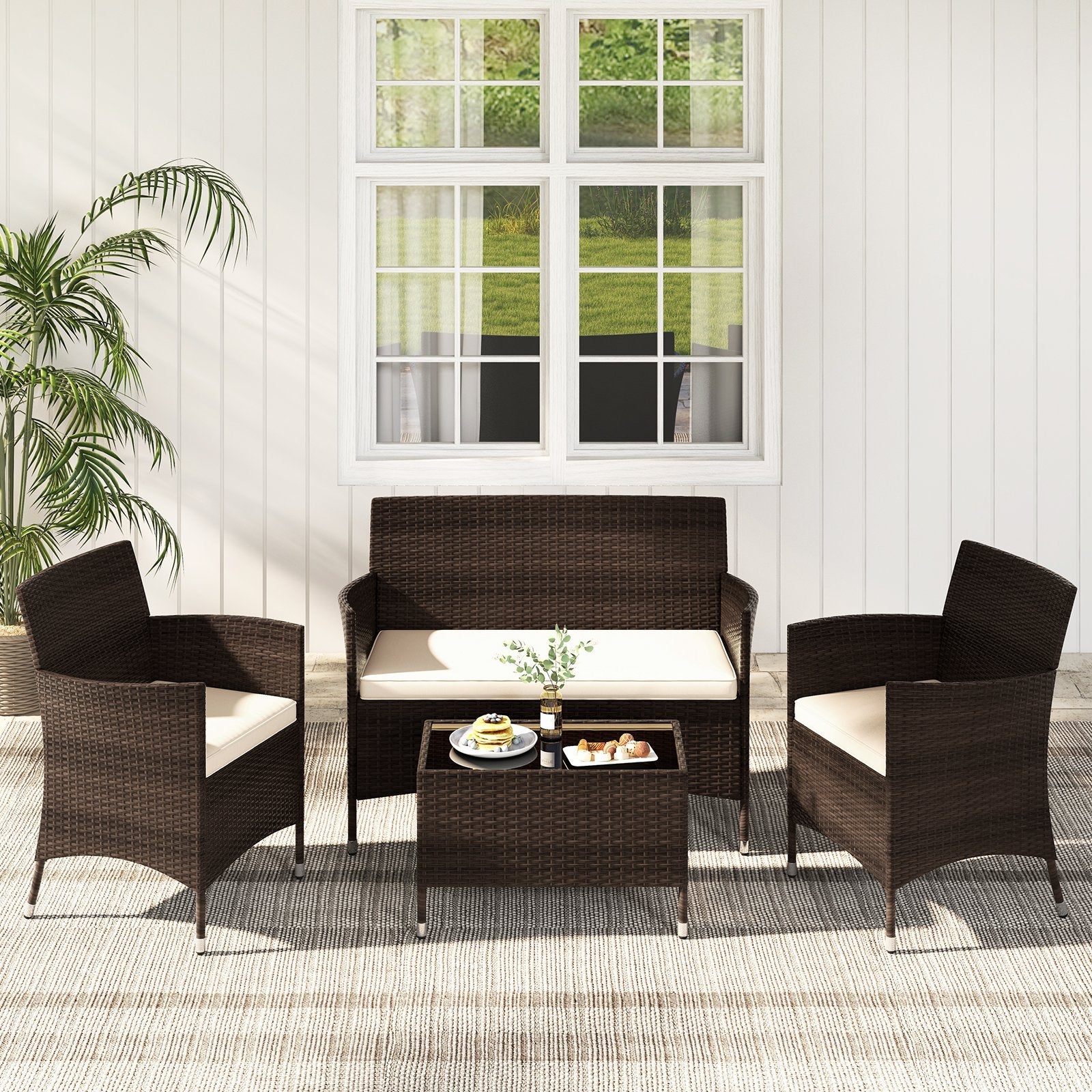 4 Pieces Comfortable Outdoor Rattan Sofa Set with Glass Coffee Table-Beige and Gray