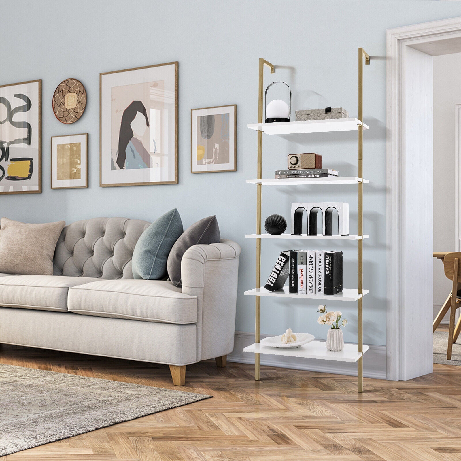 5 Tier Ladder Shelf Wall-Mounted Bookcase with Steel Frame-Brown