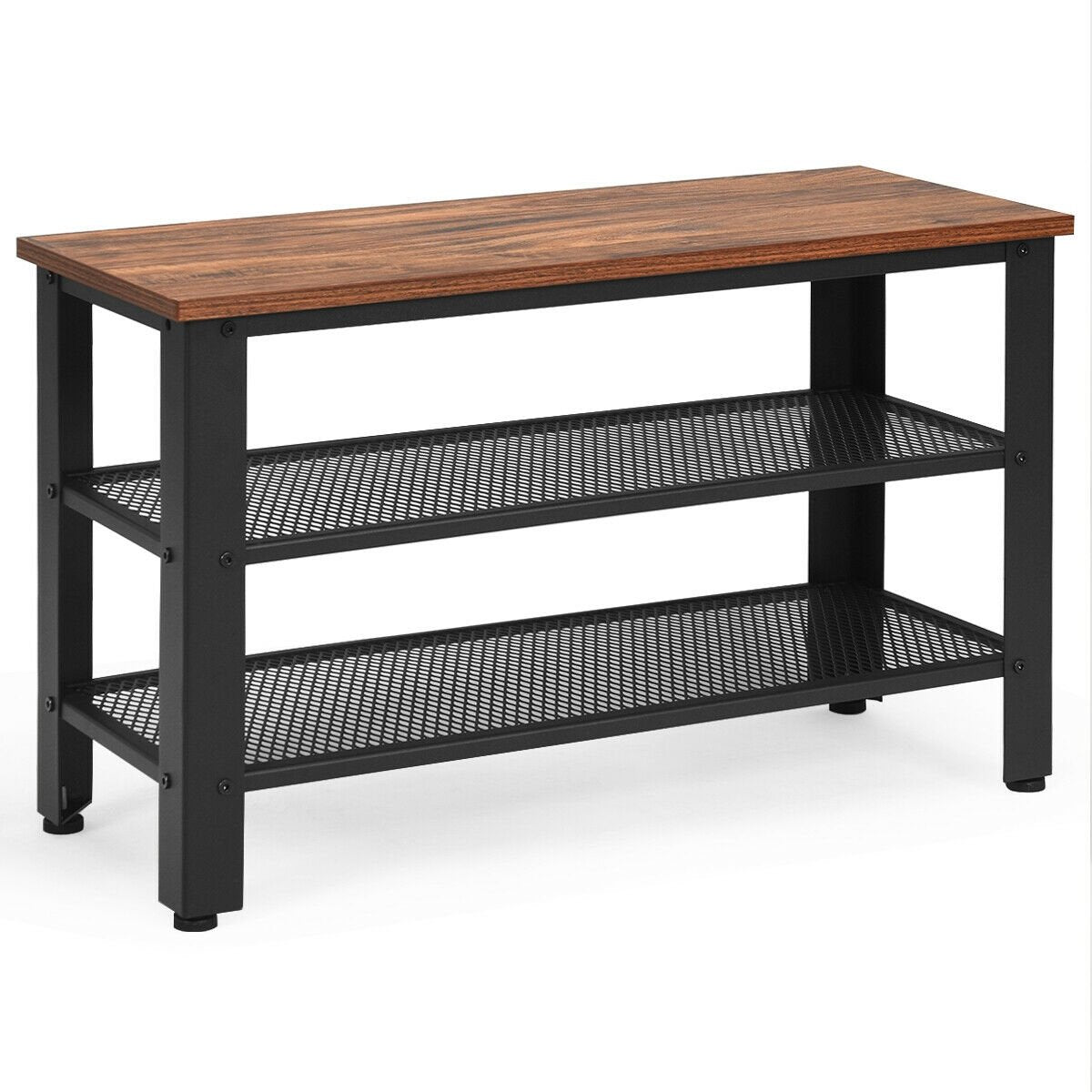 3-Tier Shoe Rack Industrial Shoe Bench with Storage Shelves-Black