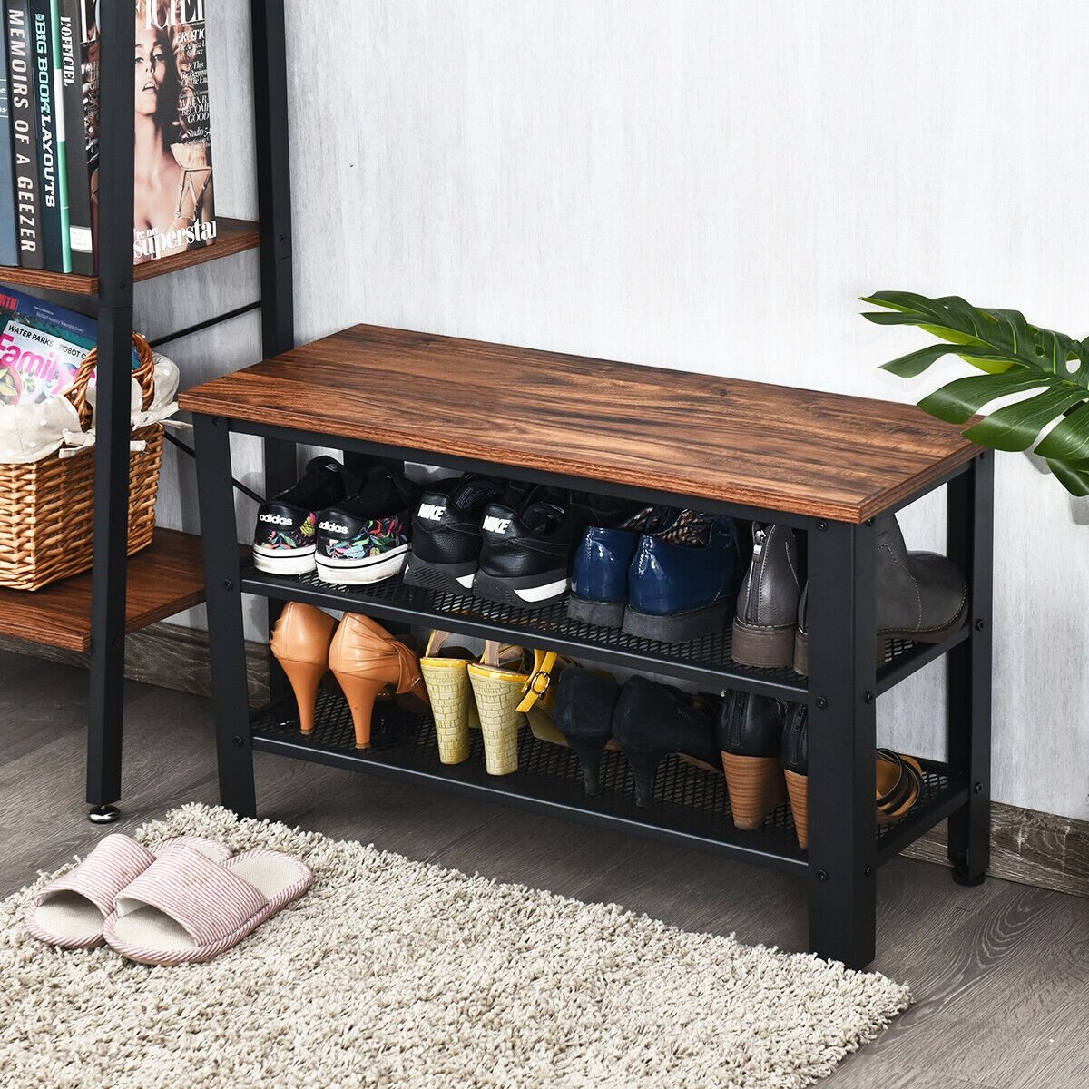 3-Tier Shoe Rack Industrial Shoe Bench with Storage Shelves-Black