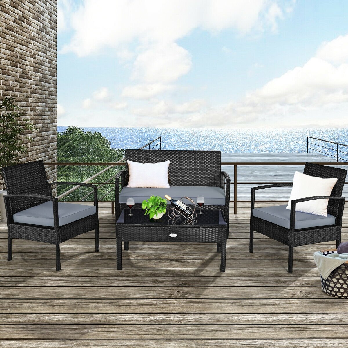 4 Pieces Patio Rattan Cushioned Furniture Set-Black