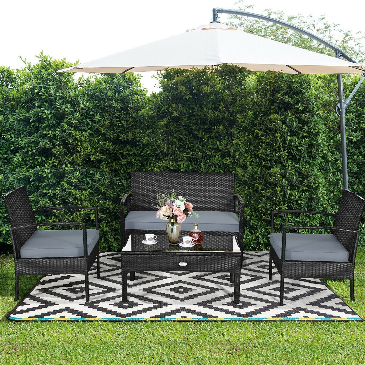 4 Pieces Patio Rattan Cushioned Furniture Set-Black