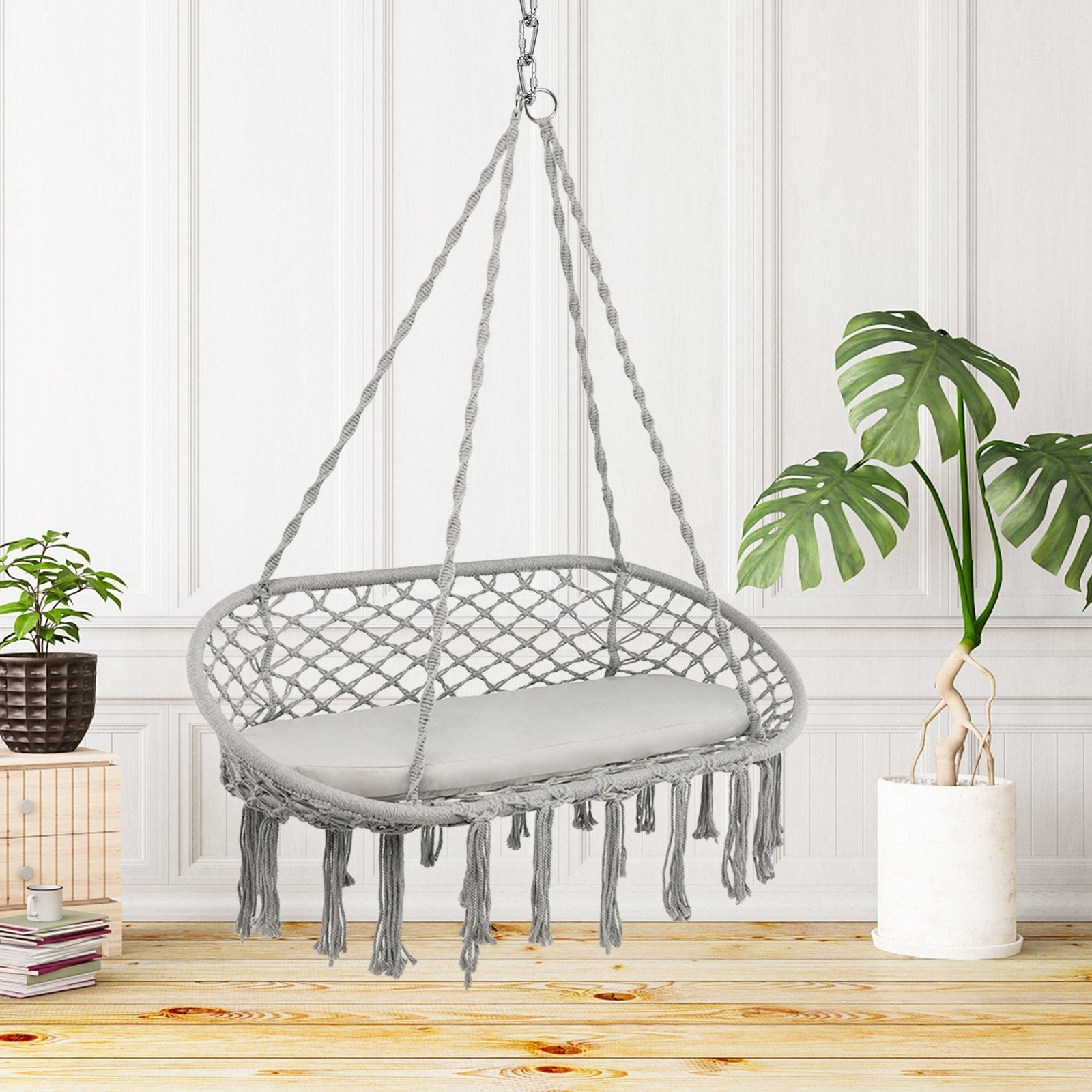 2 Person Hanging Hammock Chair with Cushion Macrame Swing-Beige