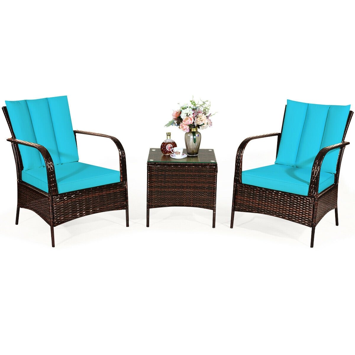3 Pieces Patio Conversation Rattan Furniture Set with Cushions-Gray