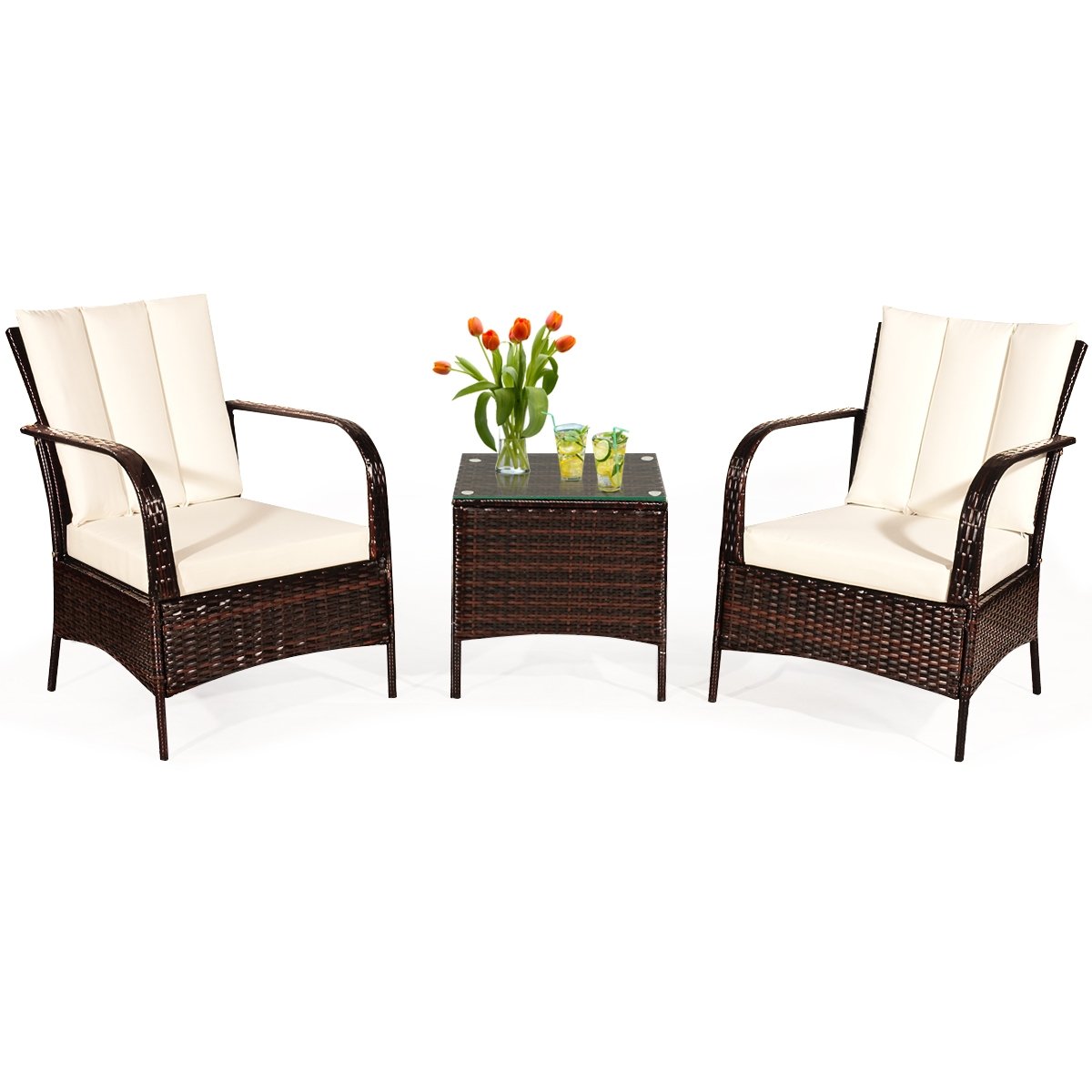 3 Pieces Patio Conversation Rattan Furniture Set with Cushions-Gray