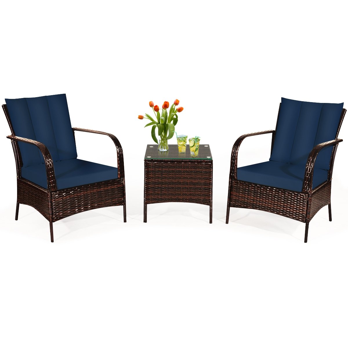 3 Pieces Patio Conversation Rattan Furniture Set with Cushions-Gray