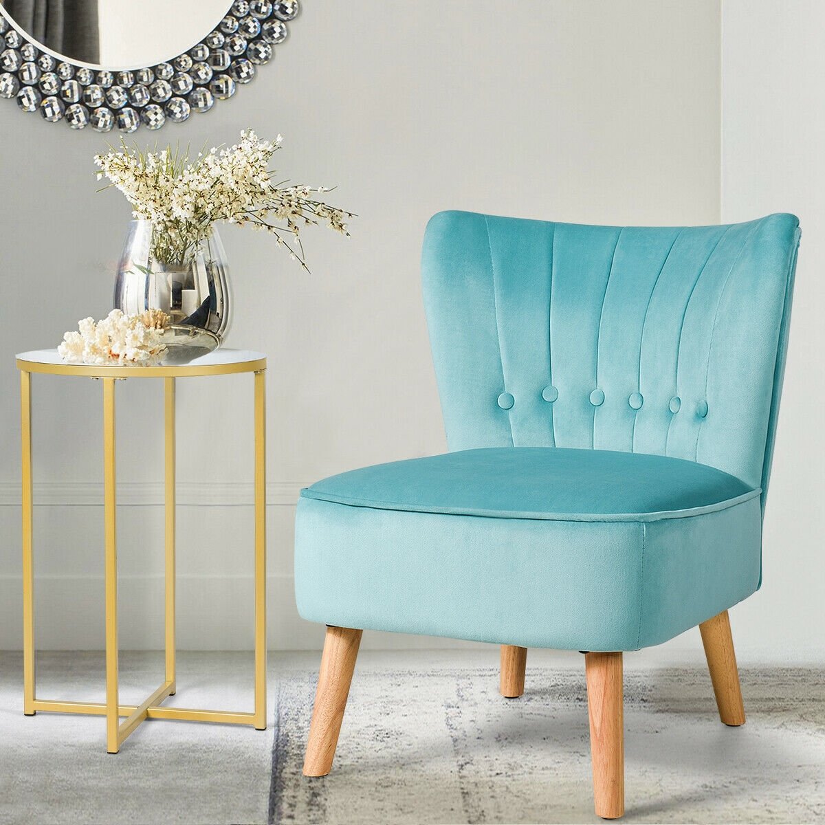 Armless Accent Chair Tufted Velvet Leisure Chair-Blue