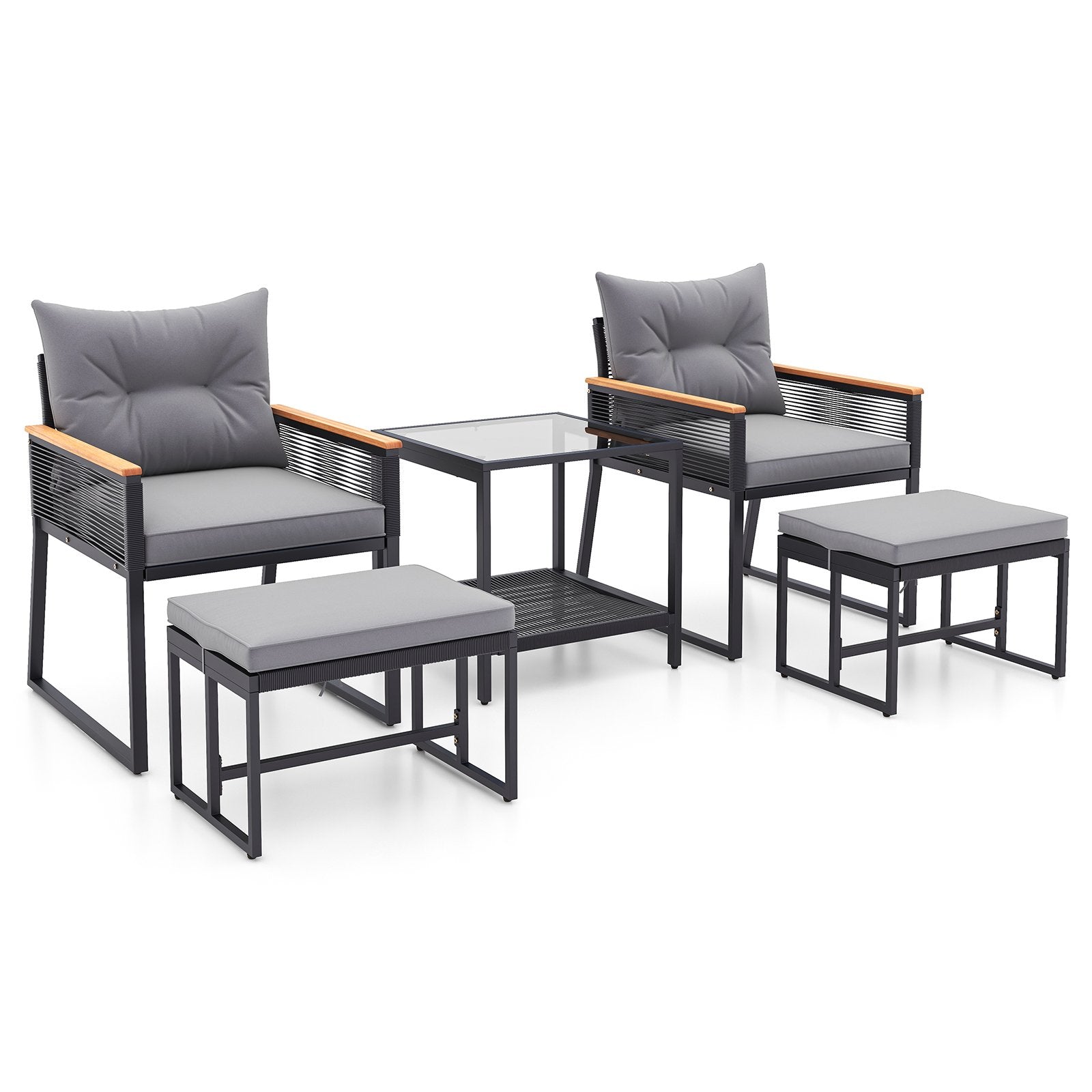 5 Piece Outdoor Rattan Conversation Set with 2-Layer Side Table and 2 Ottomans-Gray