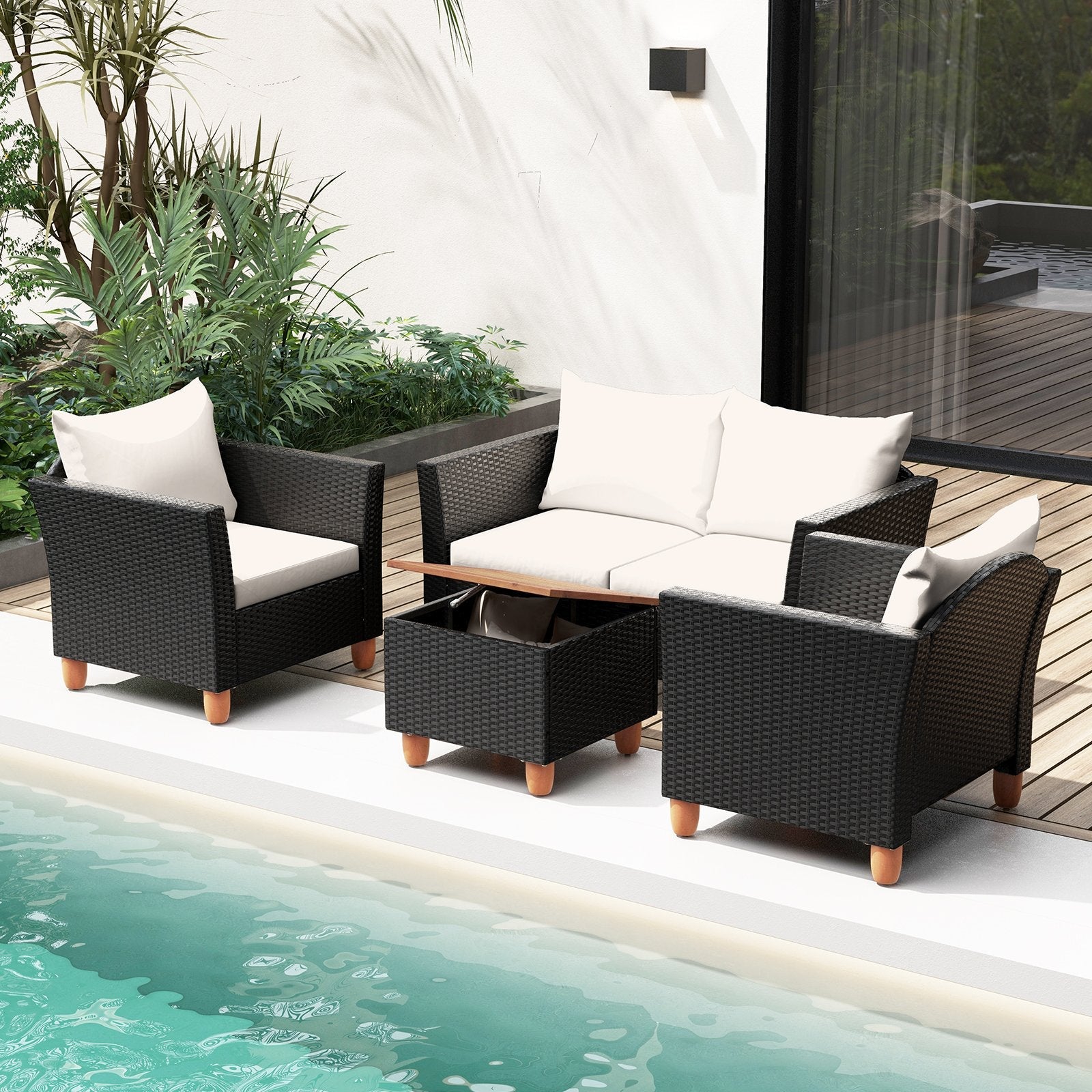4 Pieces Outdoor Conversation Set with Storage Coffee Table-Gray